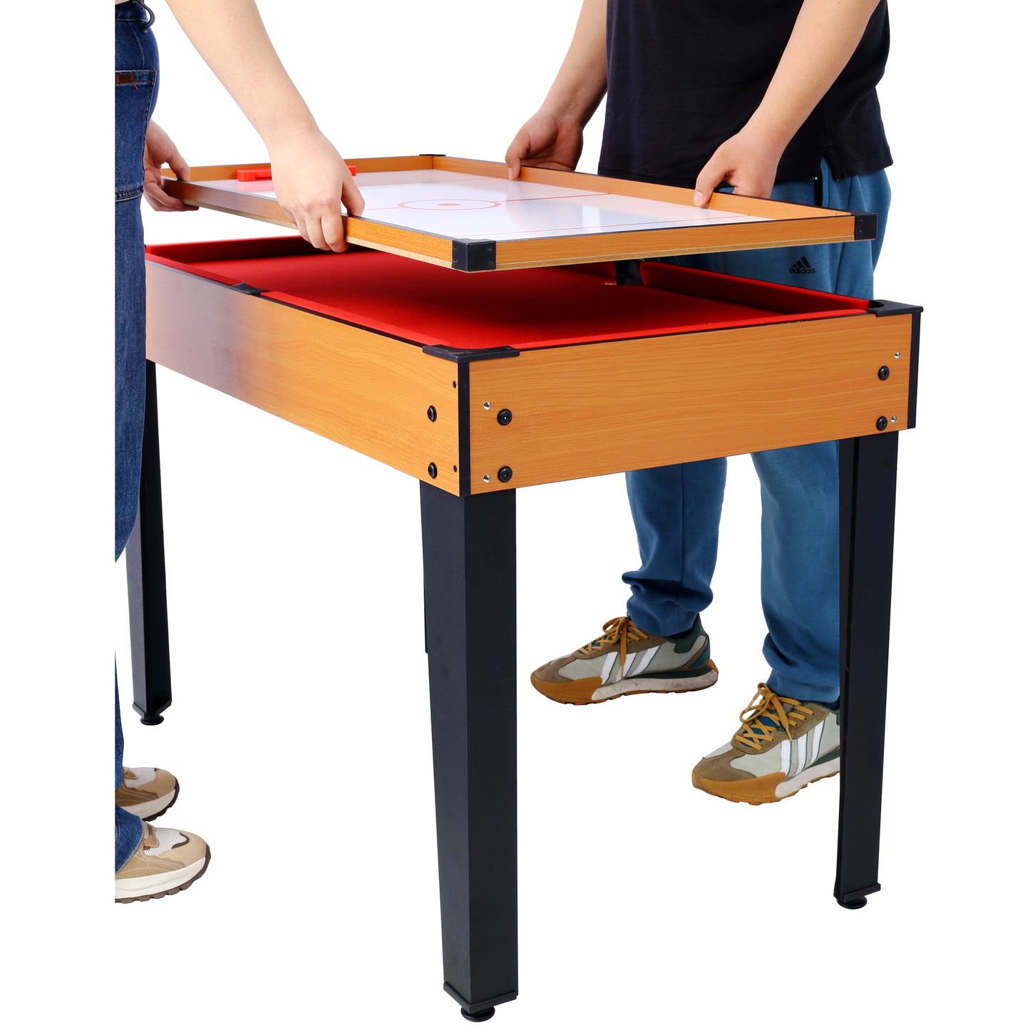 Wooden multigame table featuring a red felt pool surface and air hockey overlay