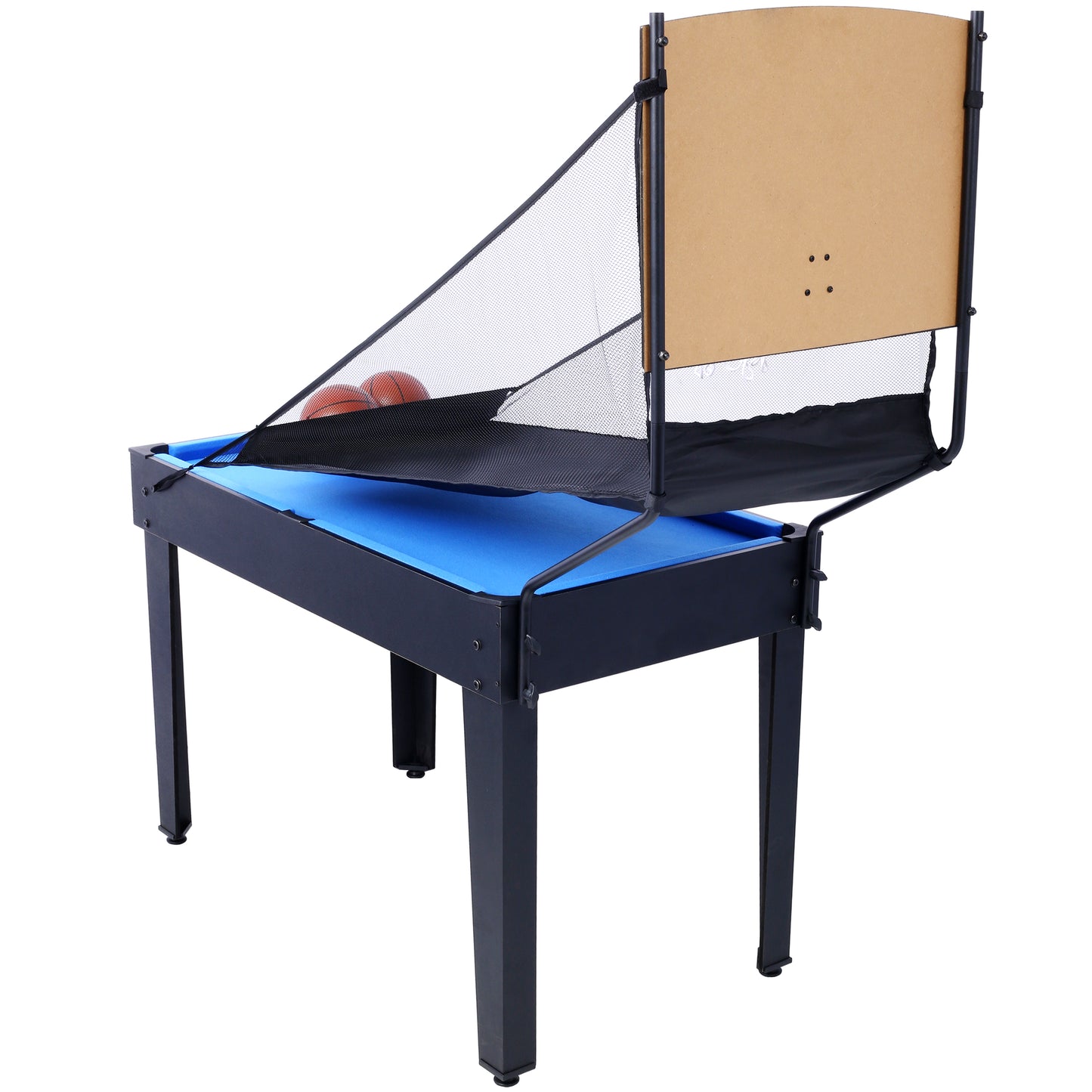 Blue pool table with basketball hoop attachment and two basketballs