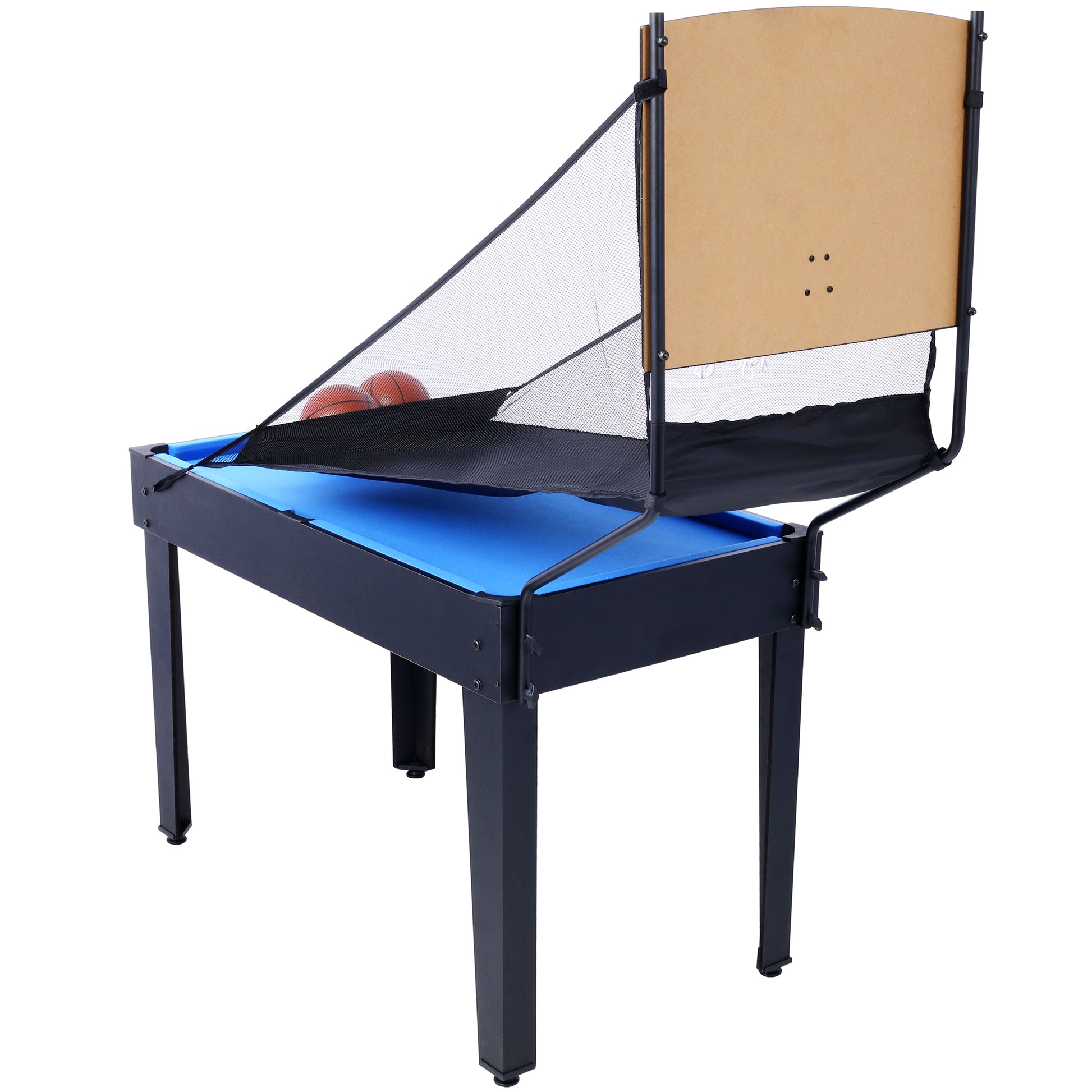 Blue pool table with basketball hoop attachment and two basketballs