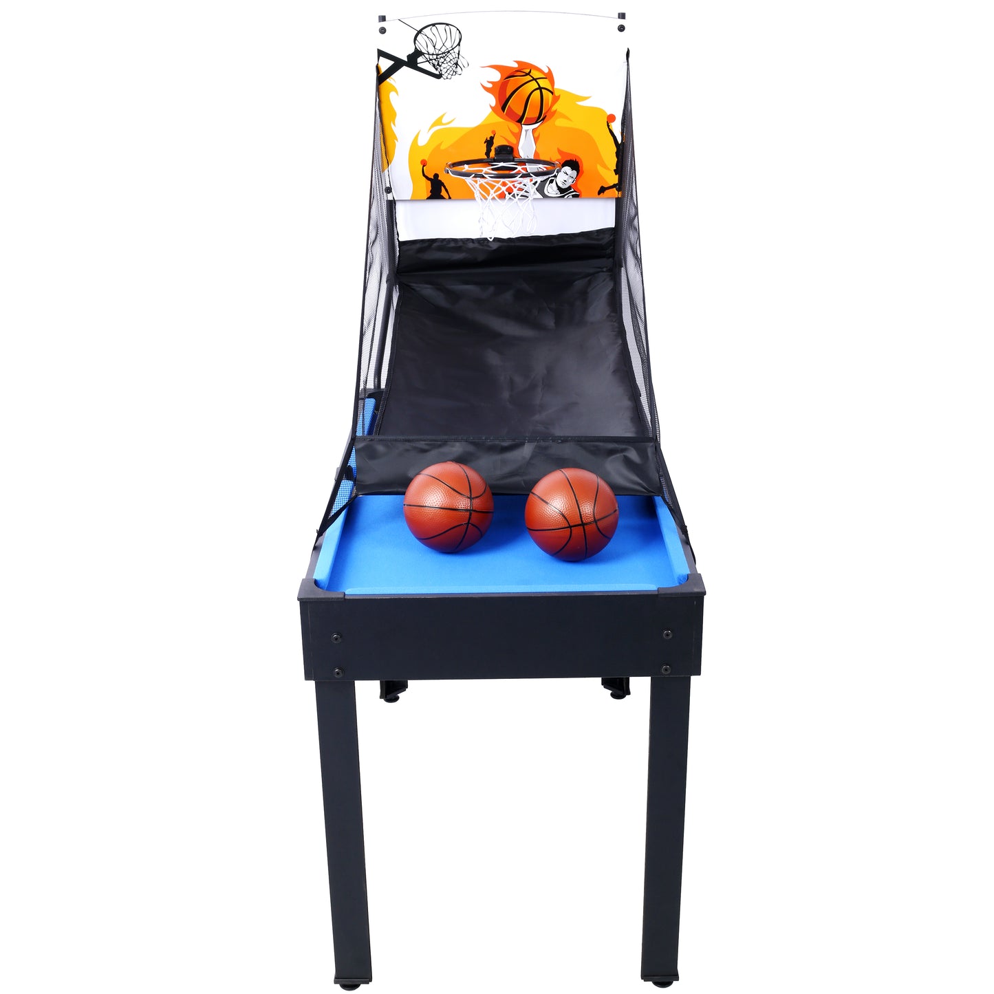 Tabletop basketball game with two orange balls on a blue felt surface