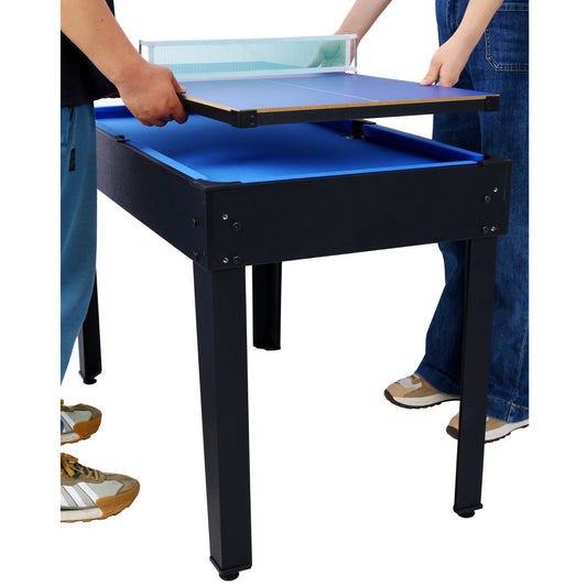 Black multigame table with blue felt and ping pong net setup