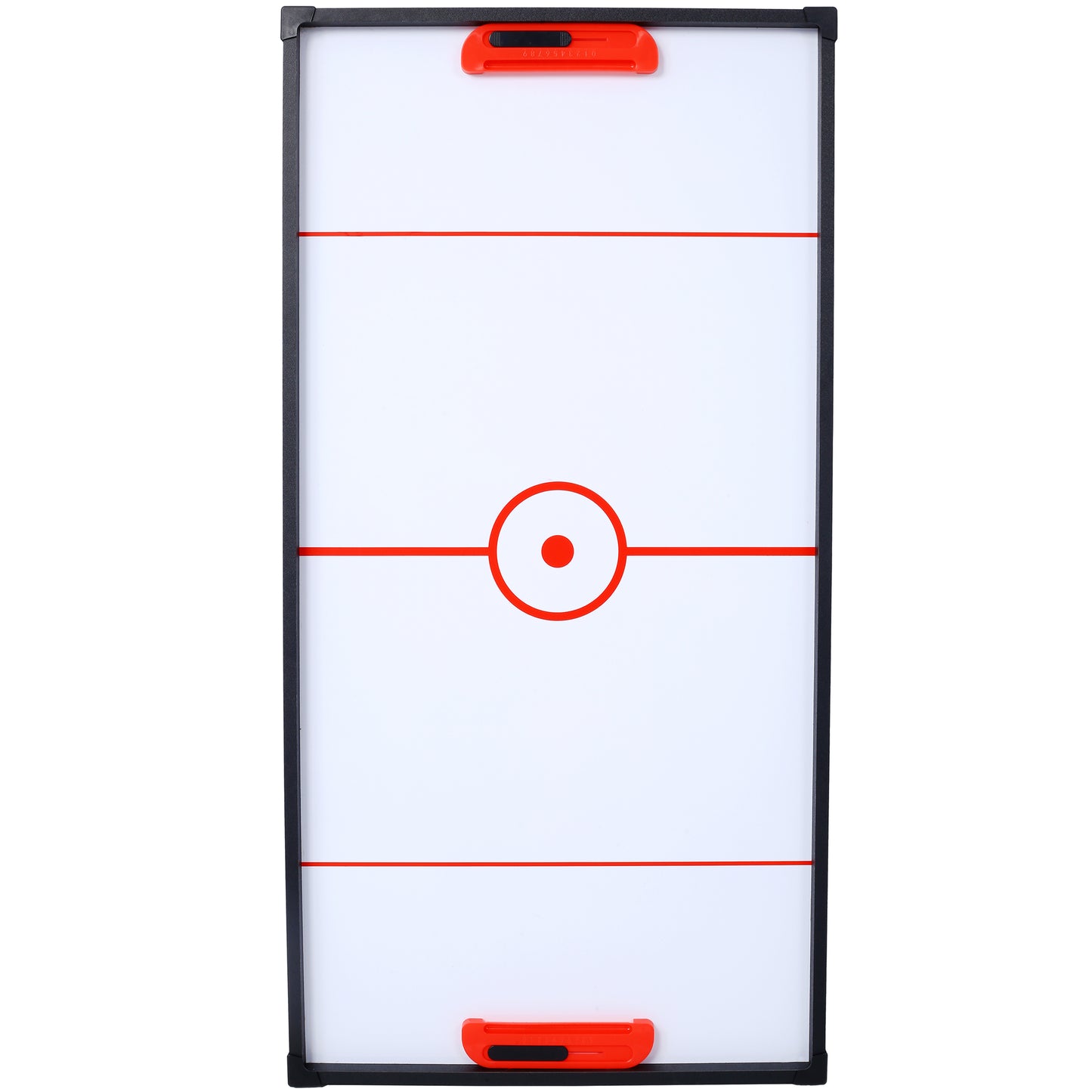 Compact air hockey table with red accents and scorekeeper for indoor fun