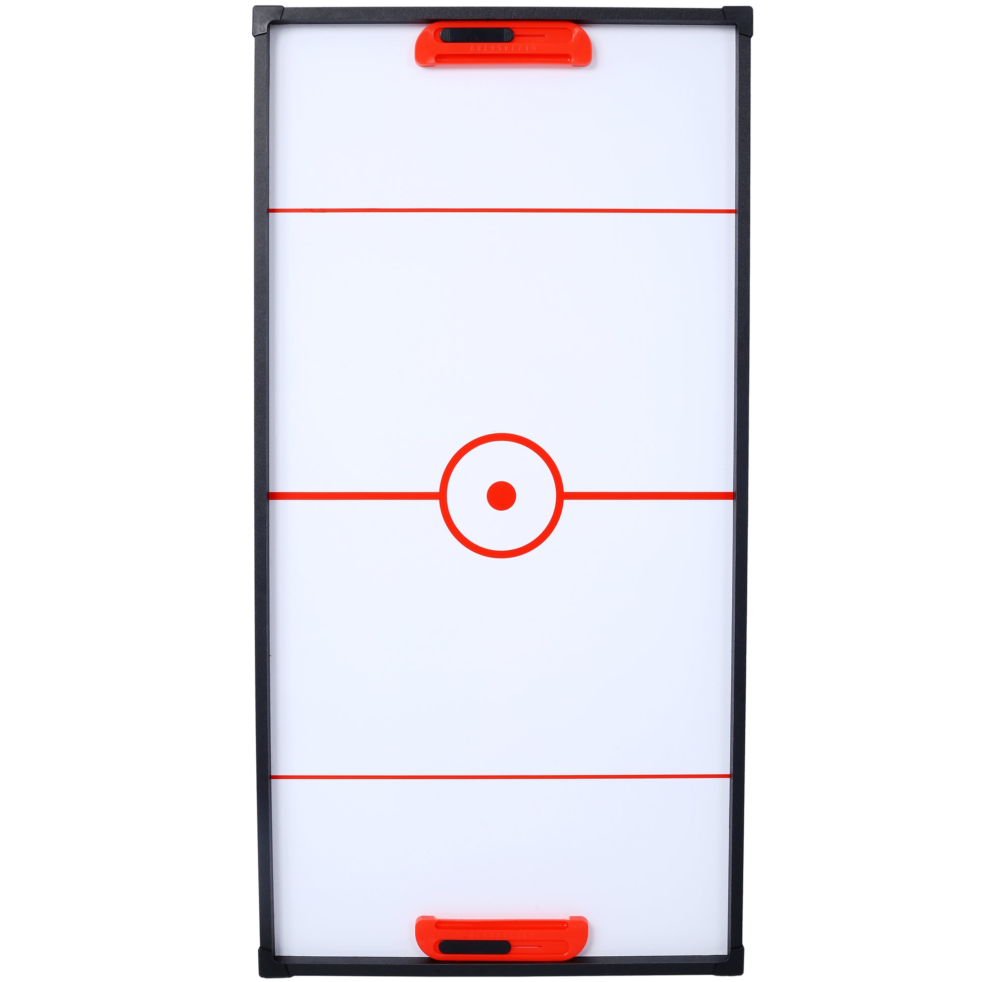 Compact air hockey table with red accents and scorekeeper for indoor fun