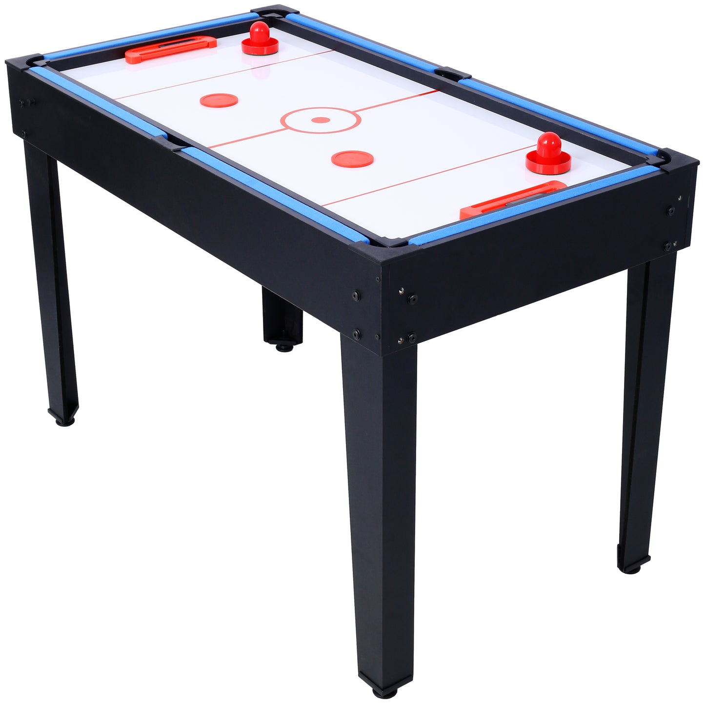 Compact air hockey table with black frame and blue trim ideal for home entertainment