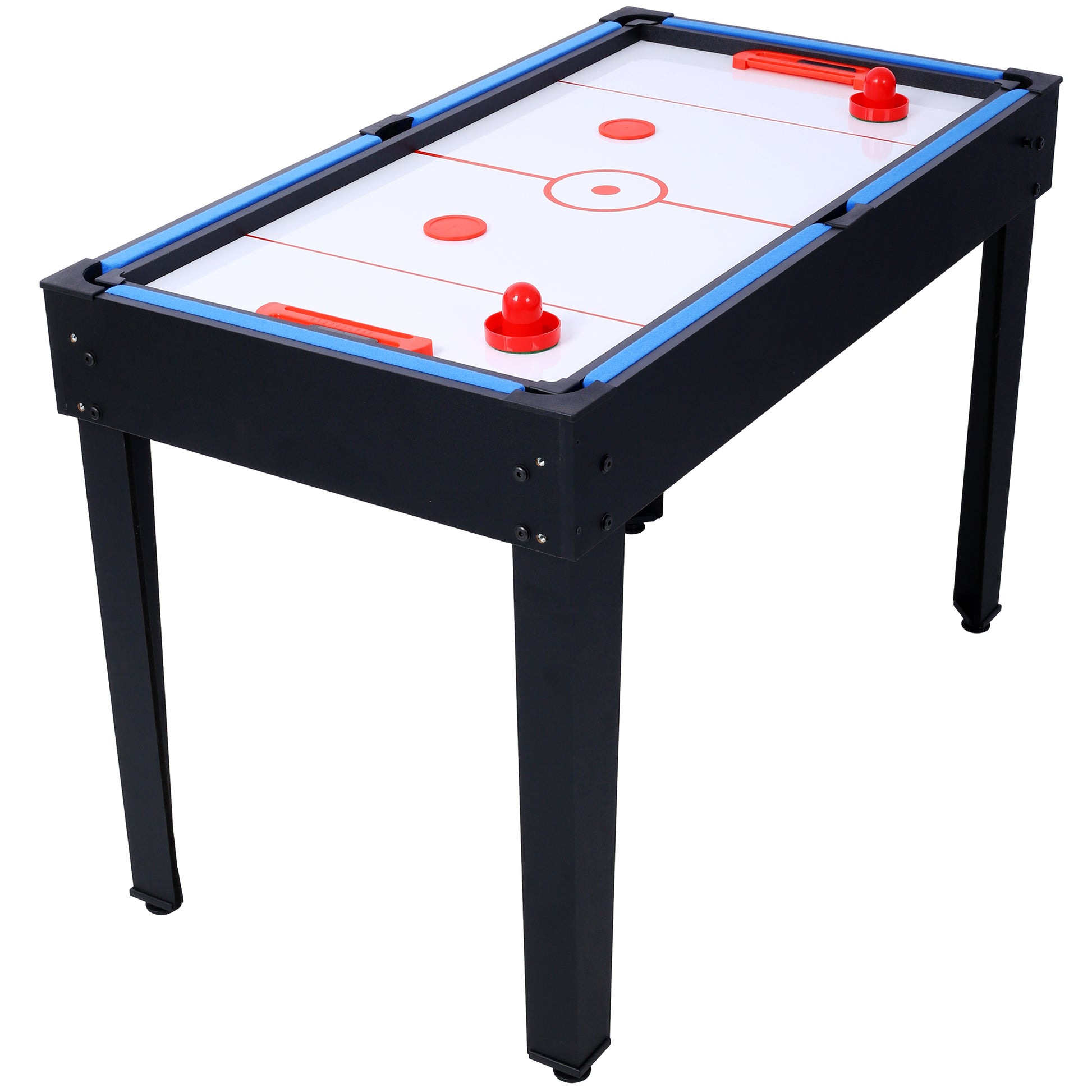 Black air hockey table with blue trim and red pucks and paddles