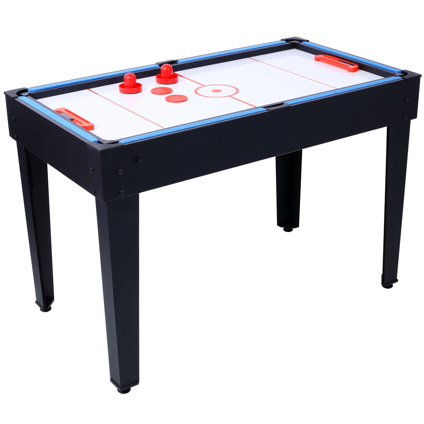 Black leg air hockey table with blue trim and red pucks and paddles for family fun