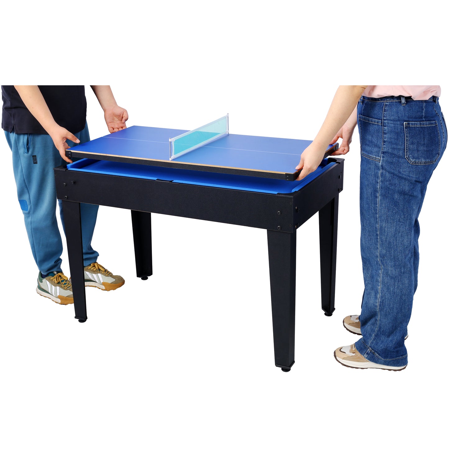 Blue and black multigame table with ping pong net setup
