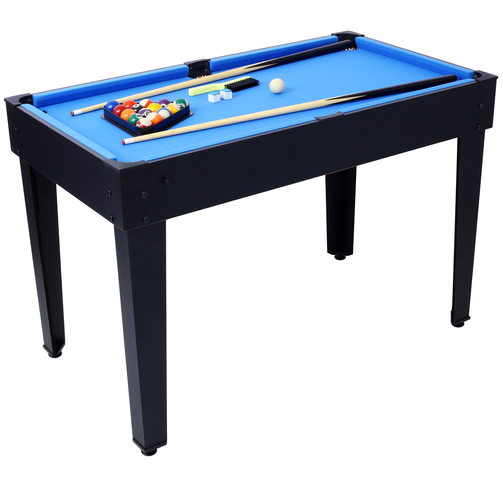 Compact blue felt pool table with black legs and billiards accessories