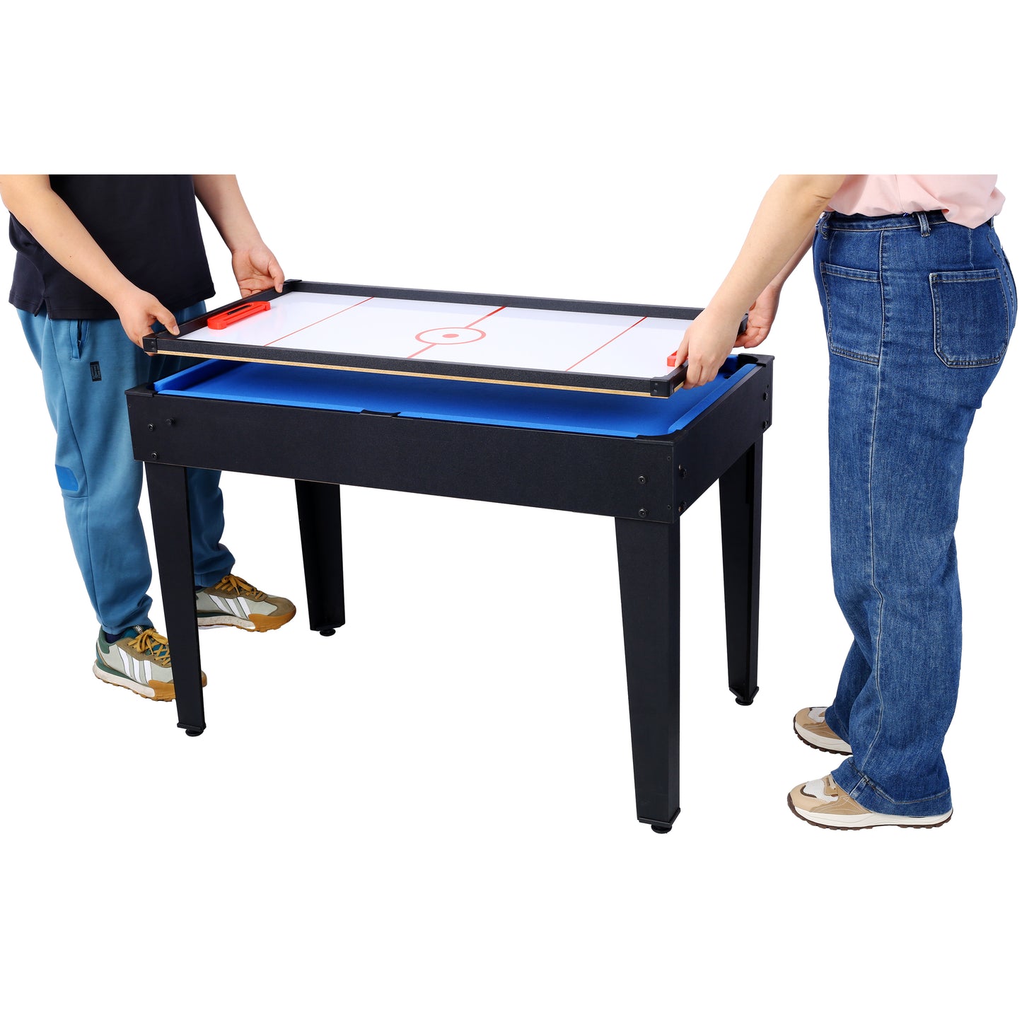 Black in multigame table with air hockey surface and blue felt lining