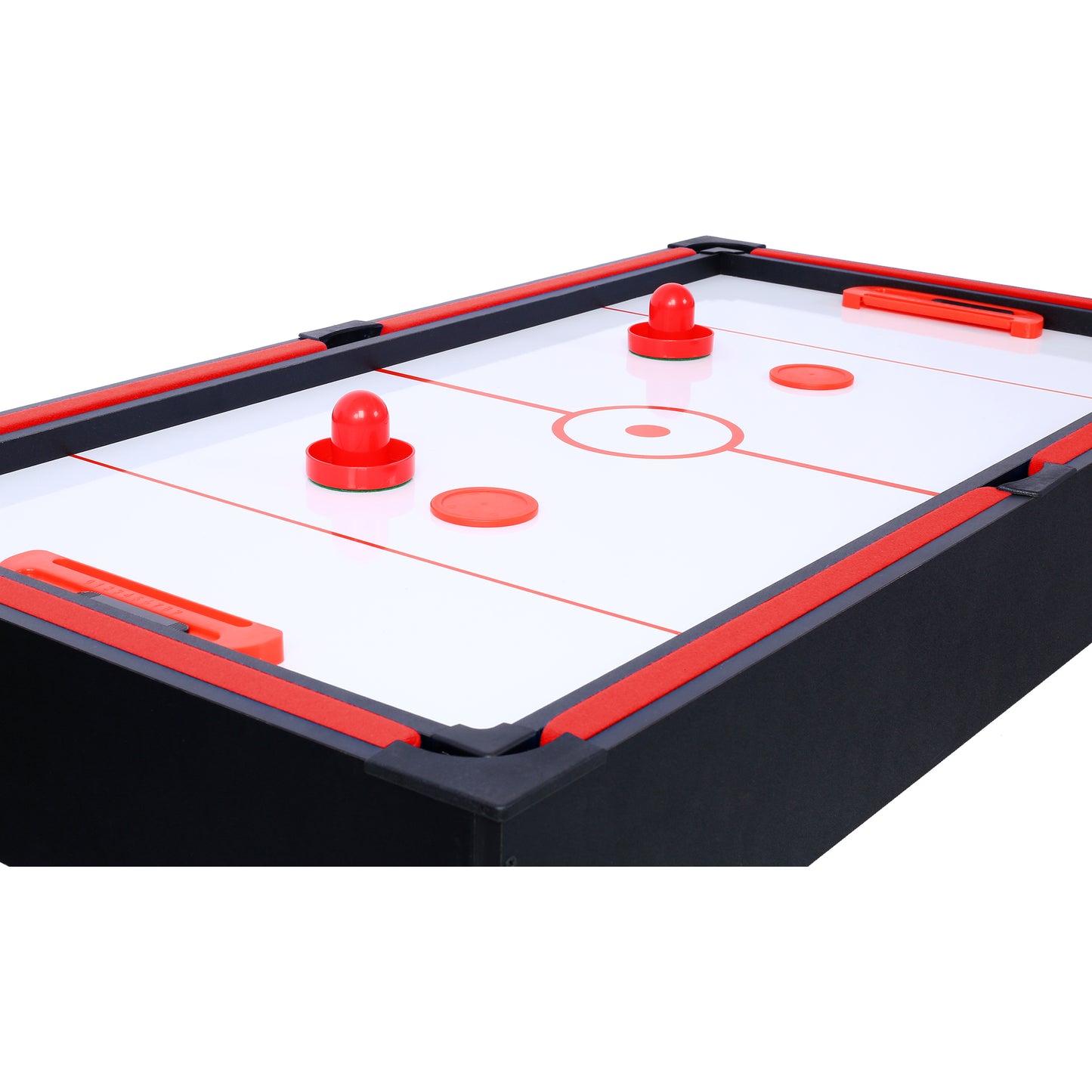 Compact air hockey table with black and red accents featuring pucks and paddles