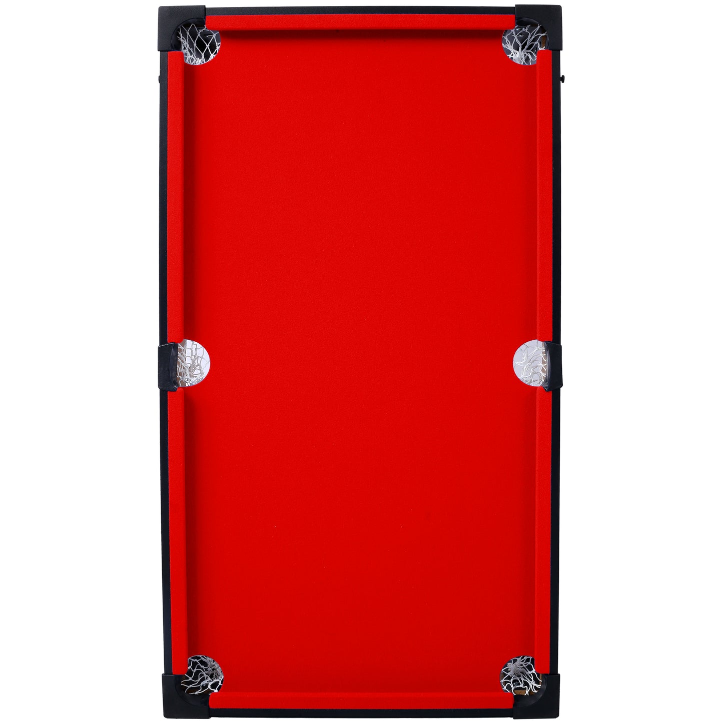 Compact red felt tabletop pool table with black frame and net pockets