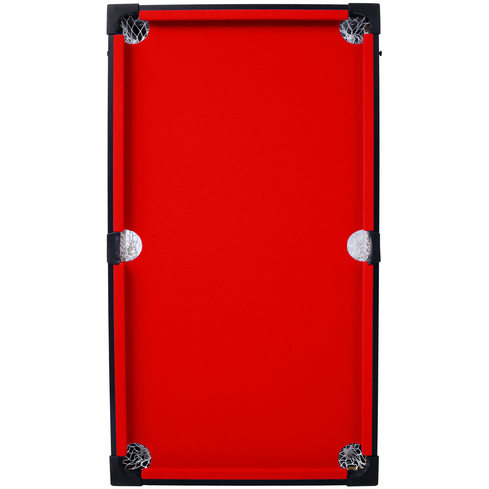 Compact red felt tabletop pool table with black frame and net pockets