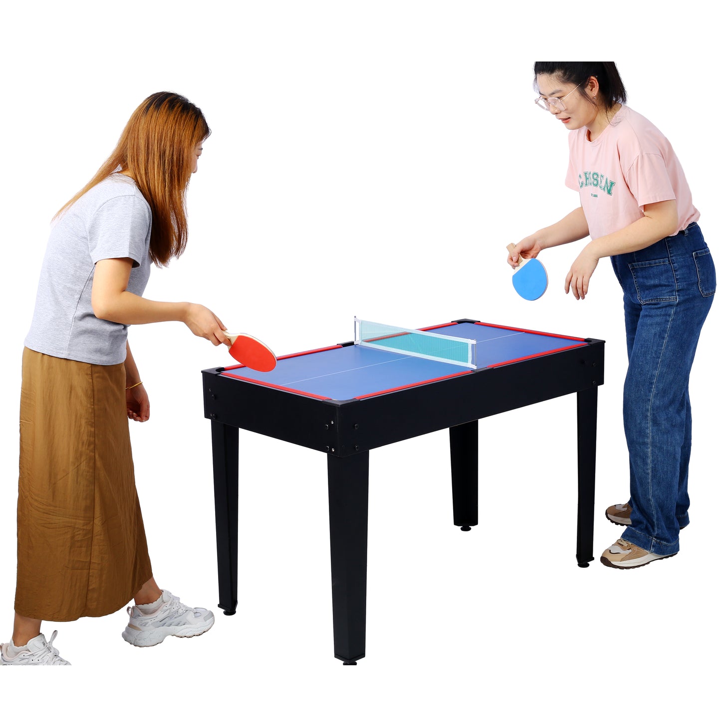 Blue and red foldable ping pong table with two players in action