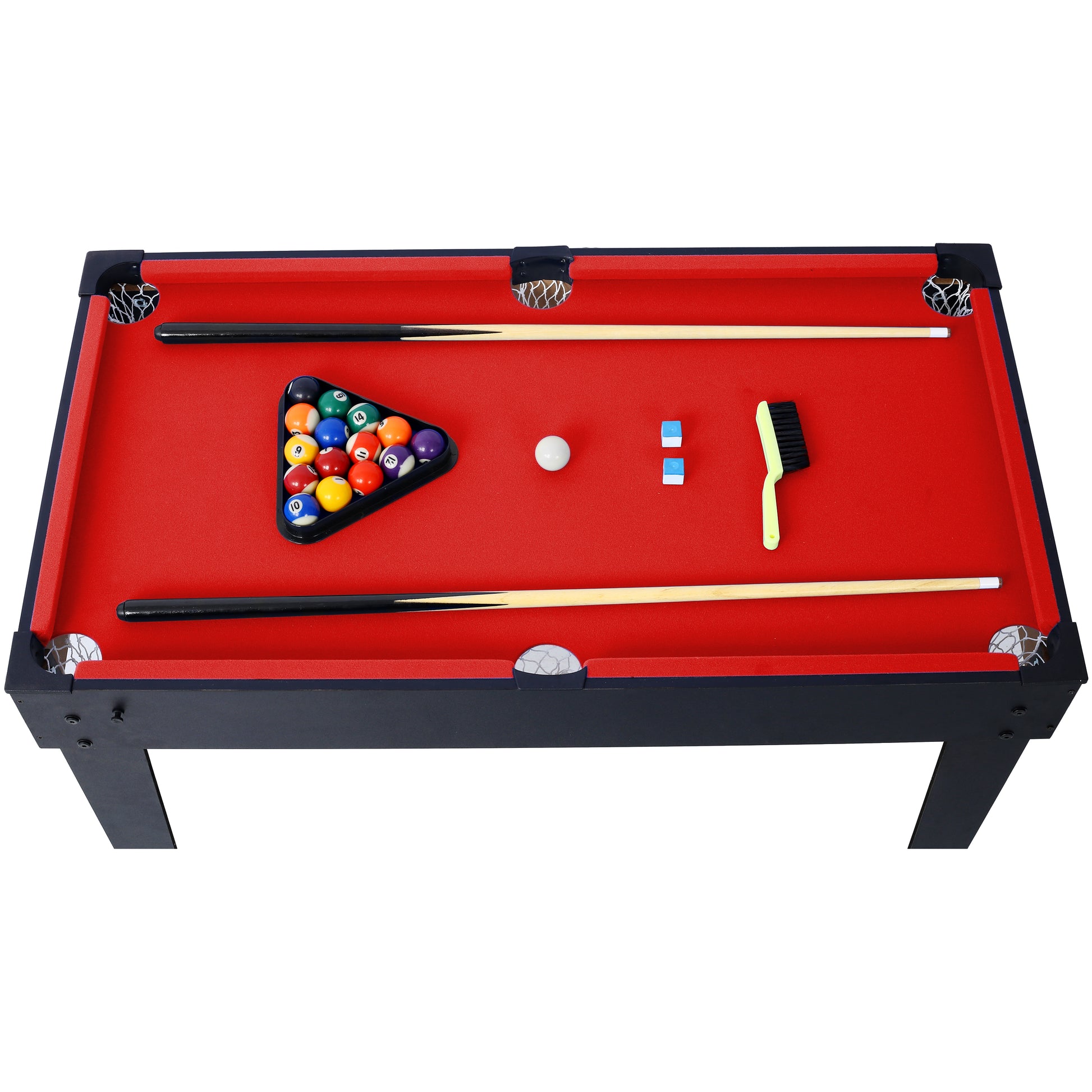 Red felt mini billiard table set with numbered balls and cues