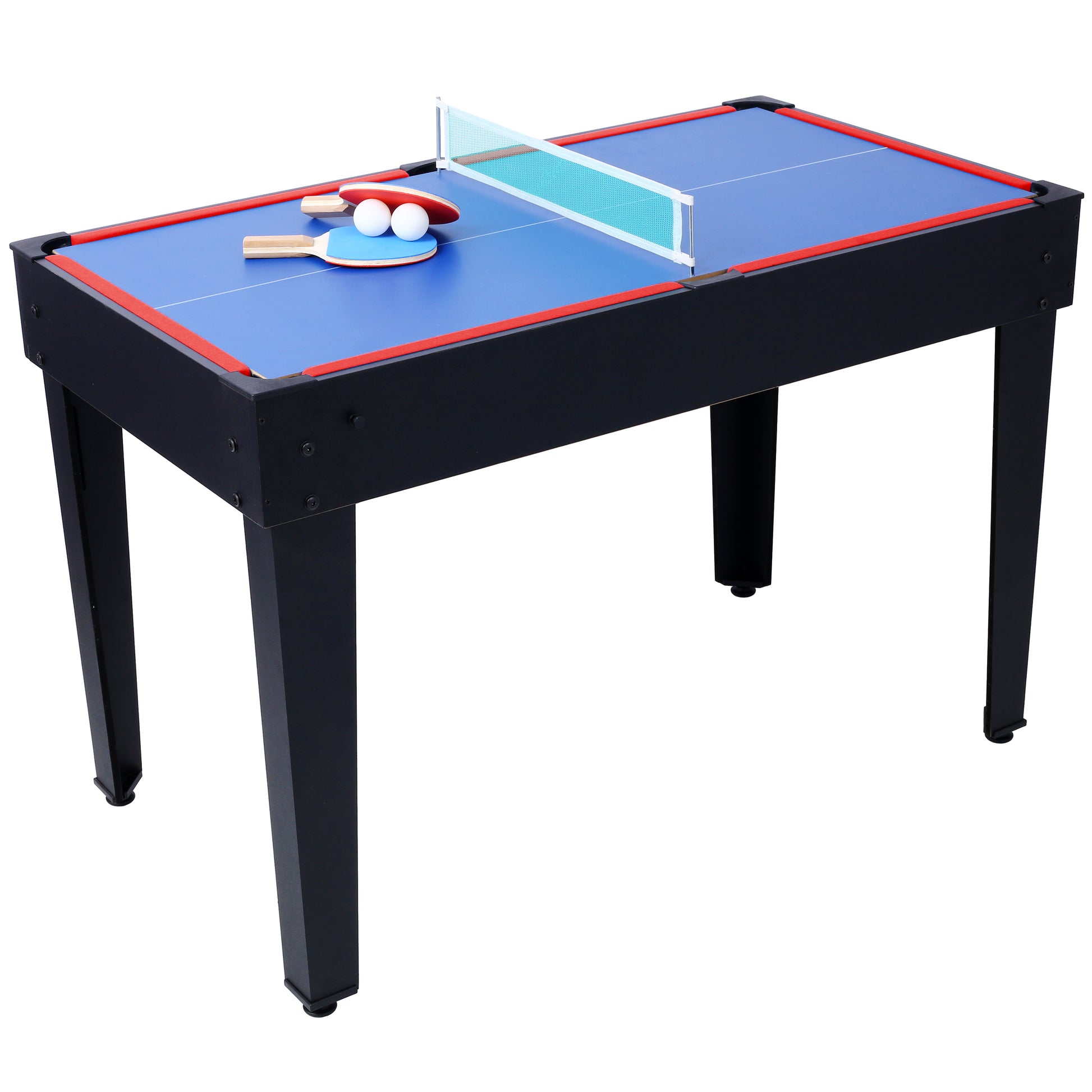 Blue multigame table with ping pong paddles and balls