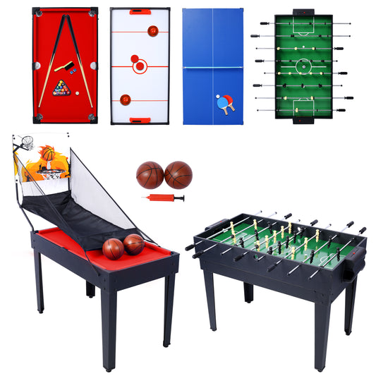 Red felt billiard table with cue sticks balls and rack for a classic game