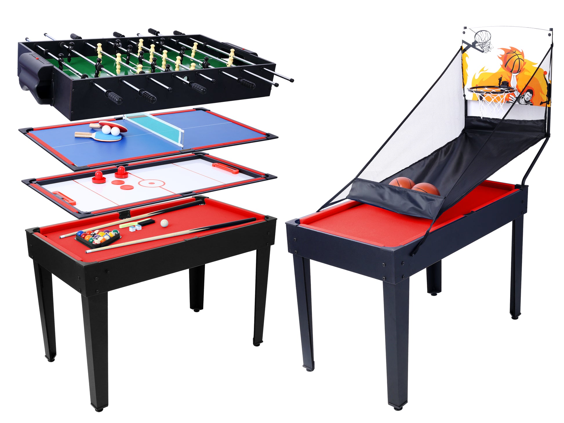 Compact multigame table featuring foosball air hockey table tennis and pool for indoor fun