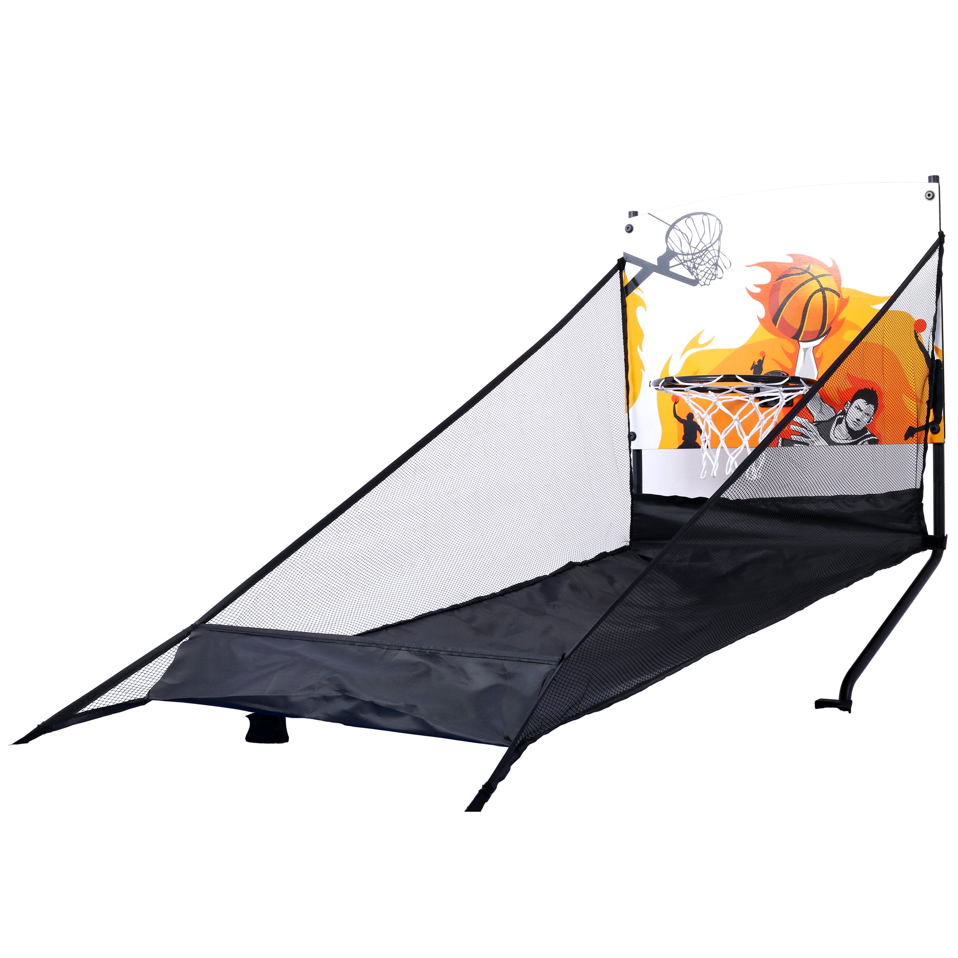 Black portable basketball hoop with flame graphics and net ideal for indoor play