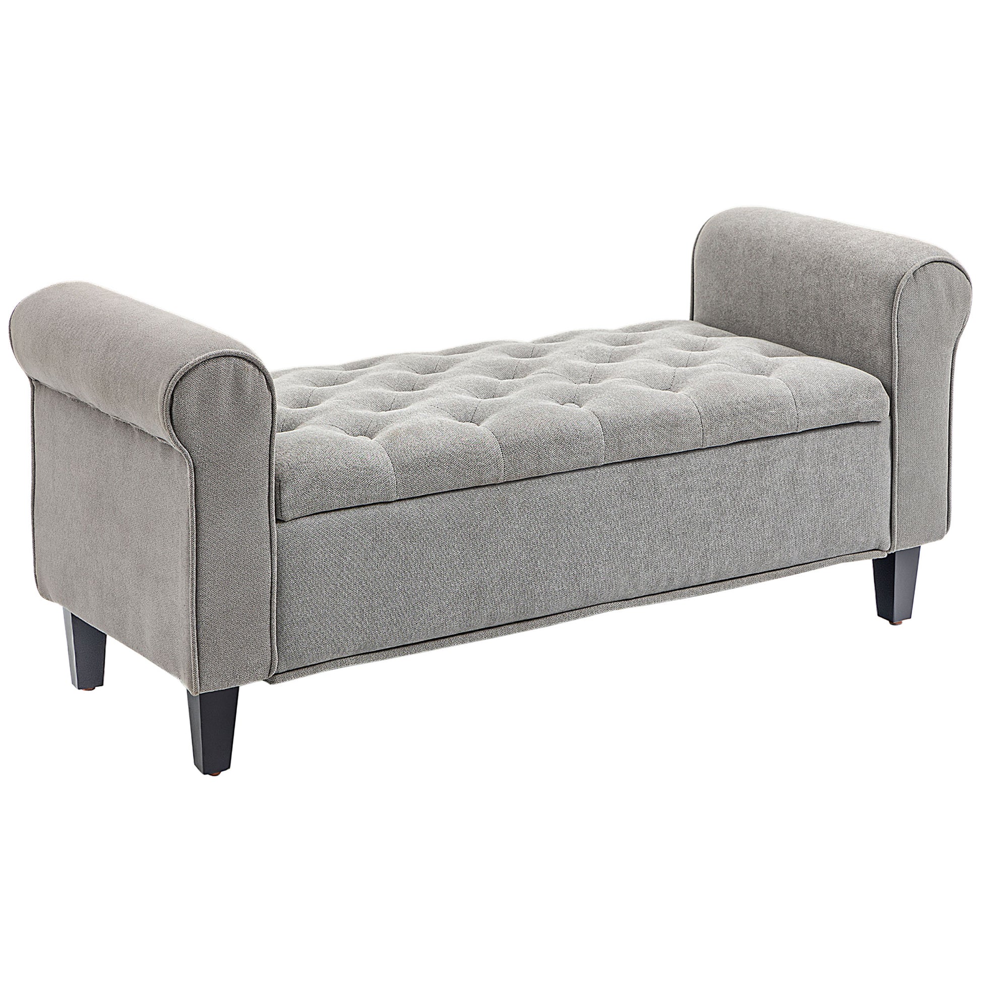 Gray fabric storage bench with tufted cushion and rolled arms