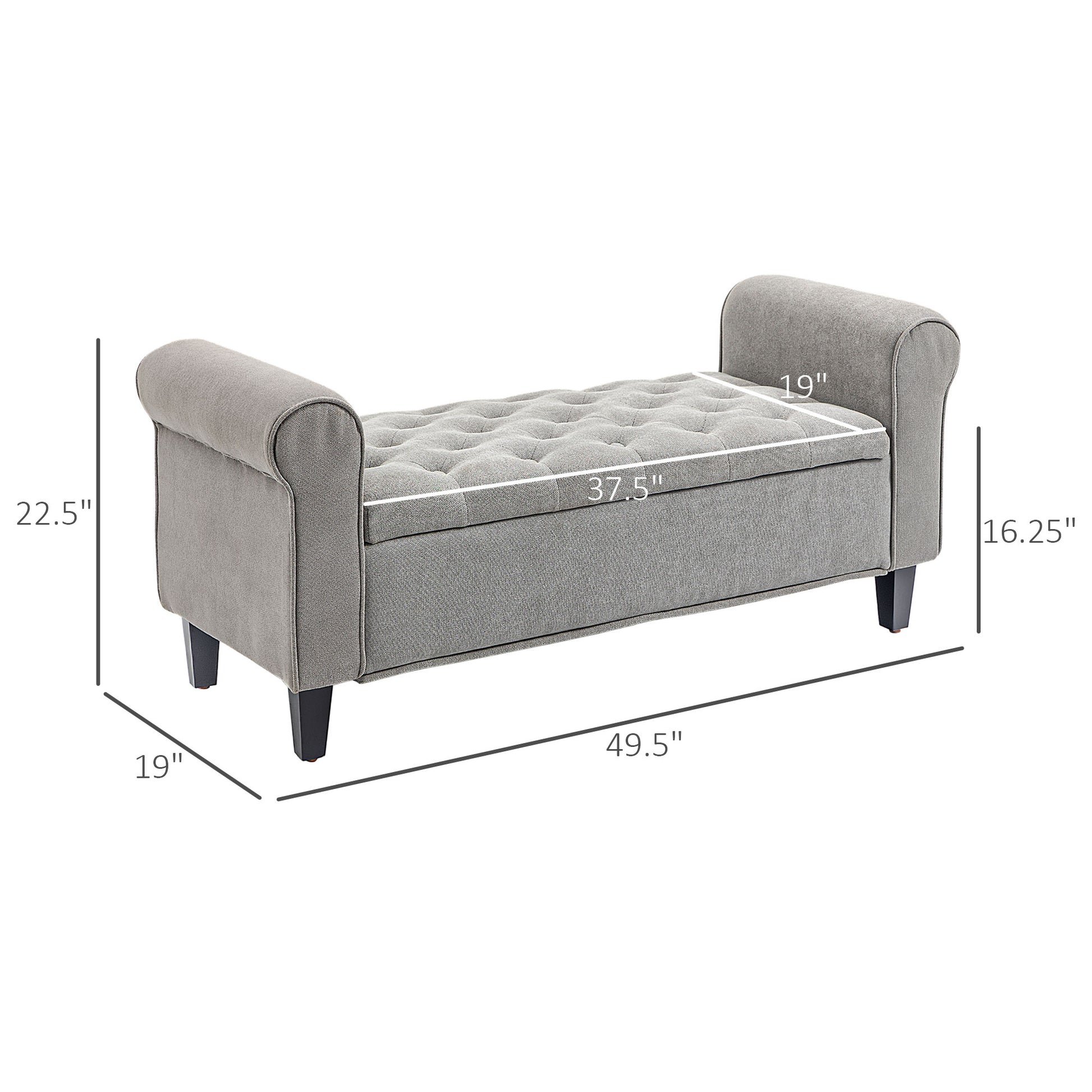 Grey tufted storage bench with rolled arms