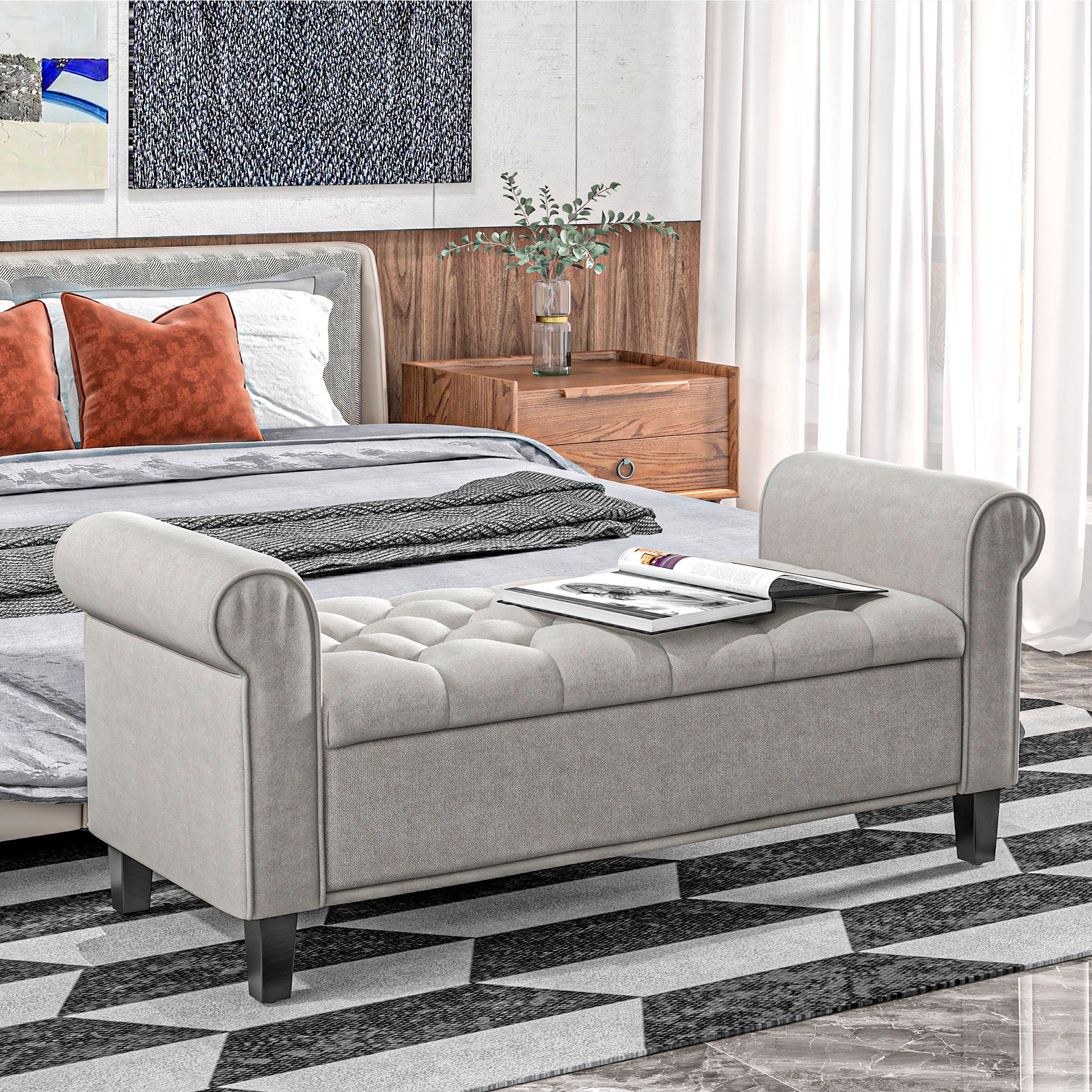 Tufted grey fabric storage bench with rolled arms perfect for bedroom entryway