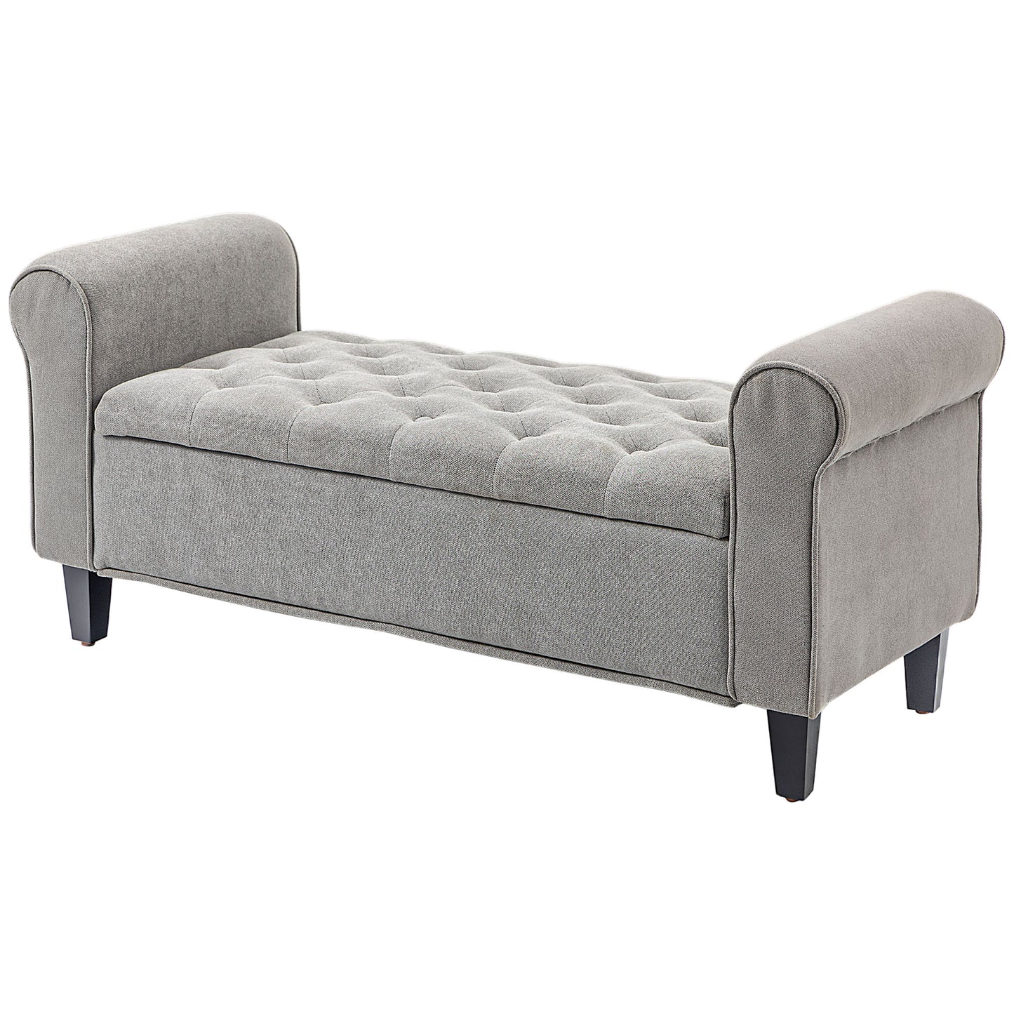 Gray tufted storage bench with rolled arms and dark wooden legs