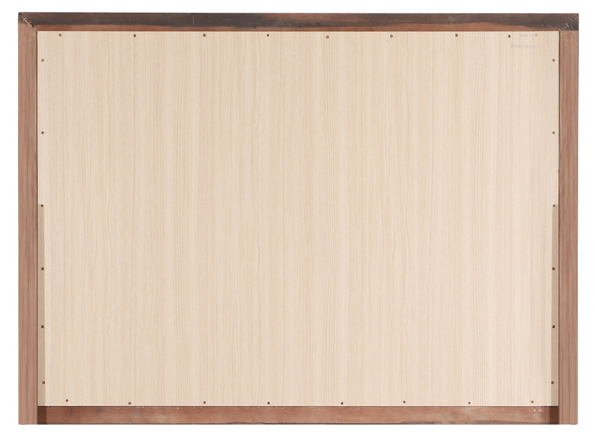 Back panel of a wooden picture frame with light wood grain and metal fasteners