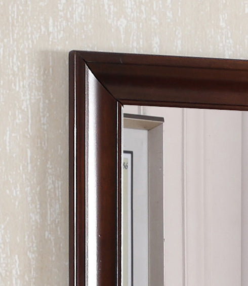 Dark wood framed mirror with beveled edge detail