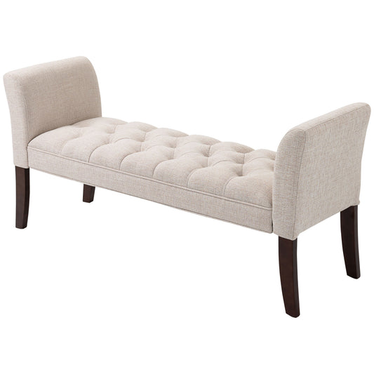 Tufted beige linen bench with dark wood legs perfect for entryway seating