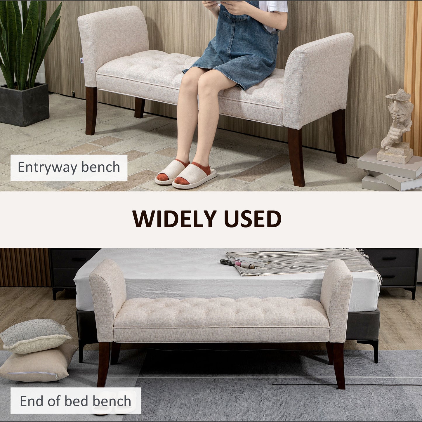 Tufted beige linen entryway bench with dark wood legs