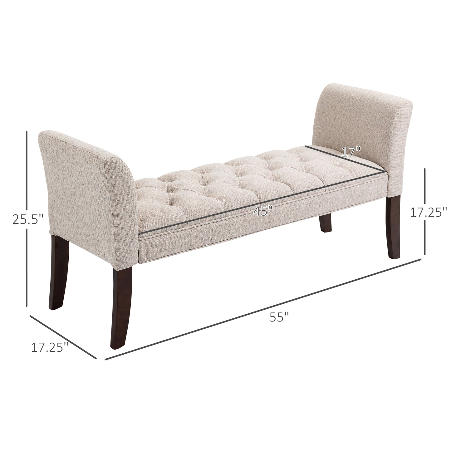 Beige upholstered bench with tufted seat and dark wood legs