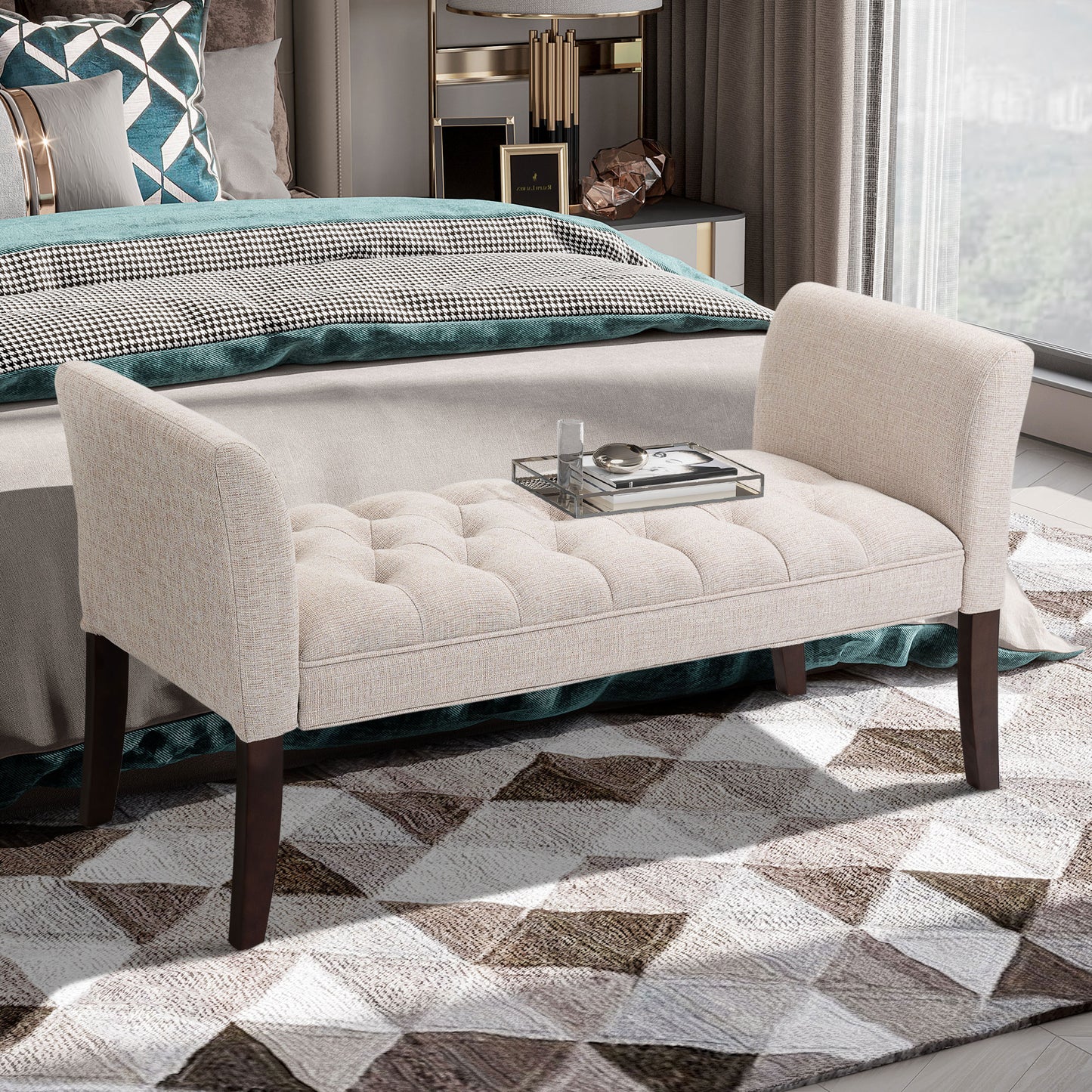 Tufted linen bench with dark wood legs in a neutral beige hue perfect for bedroom seating