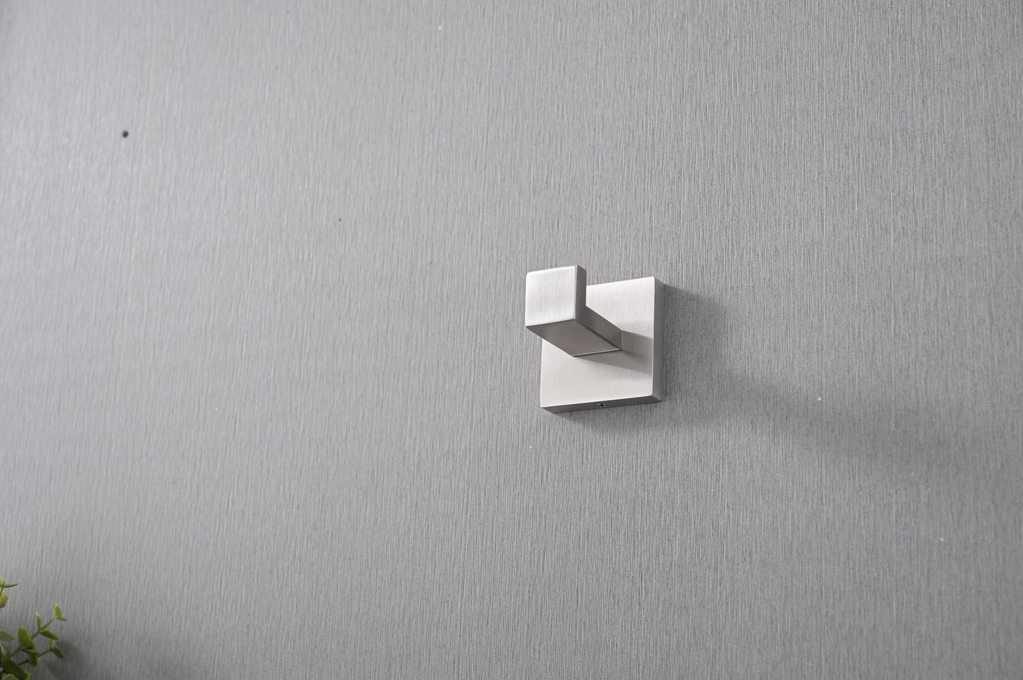 Brushed nickel single hook with square base ideal for bathroom towels