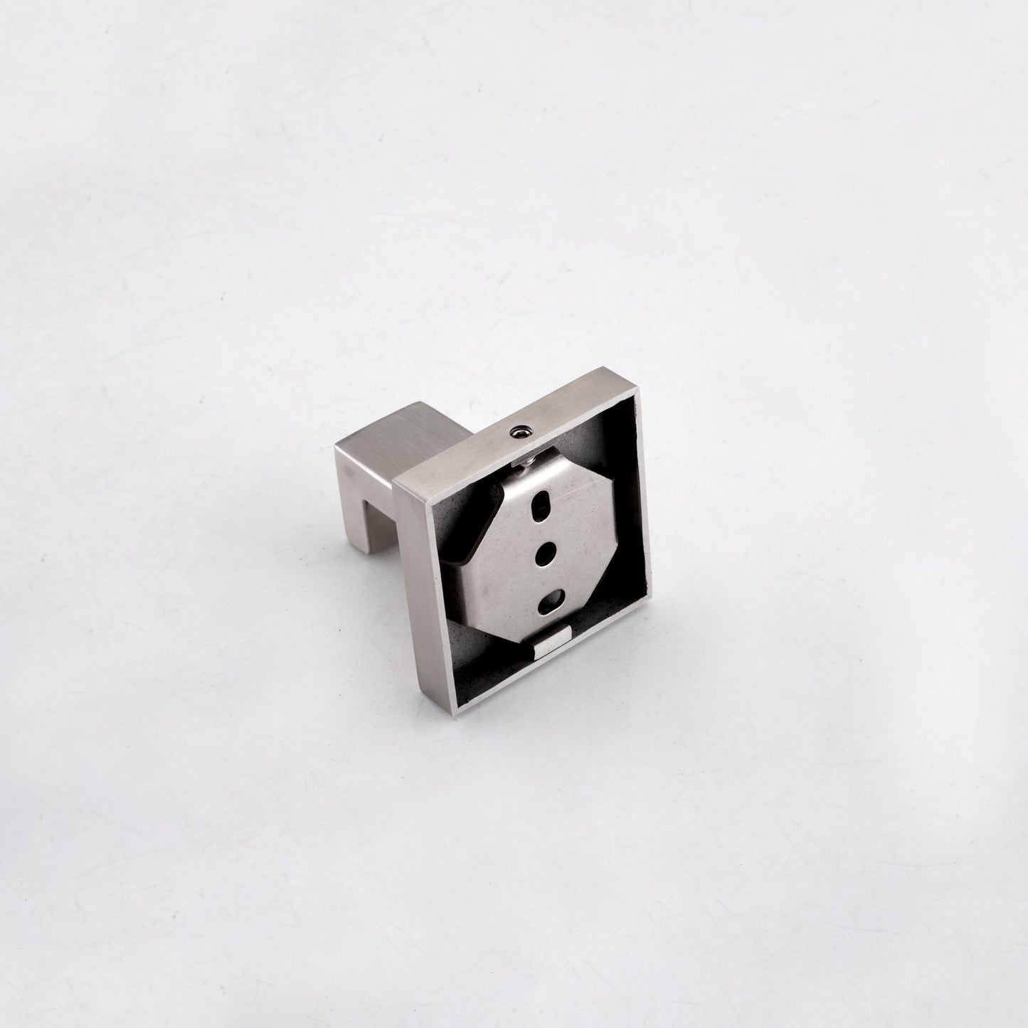 Brushed nickel bathroom hook with a minimalist square base and single hook