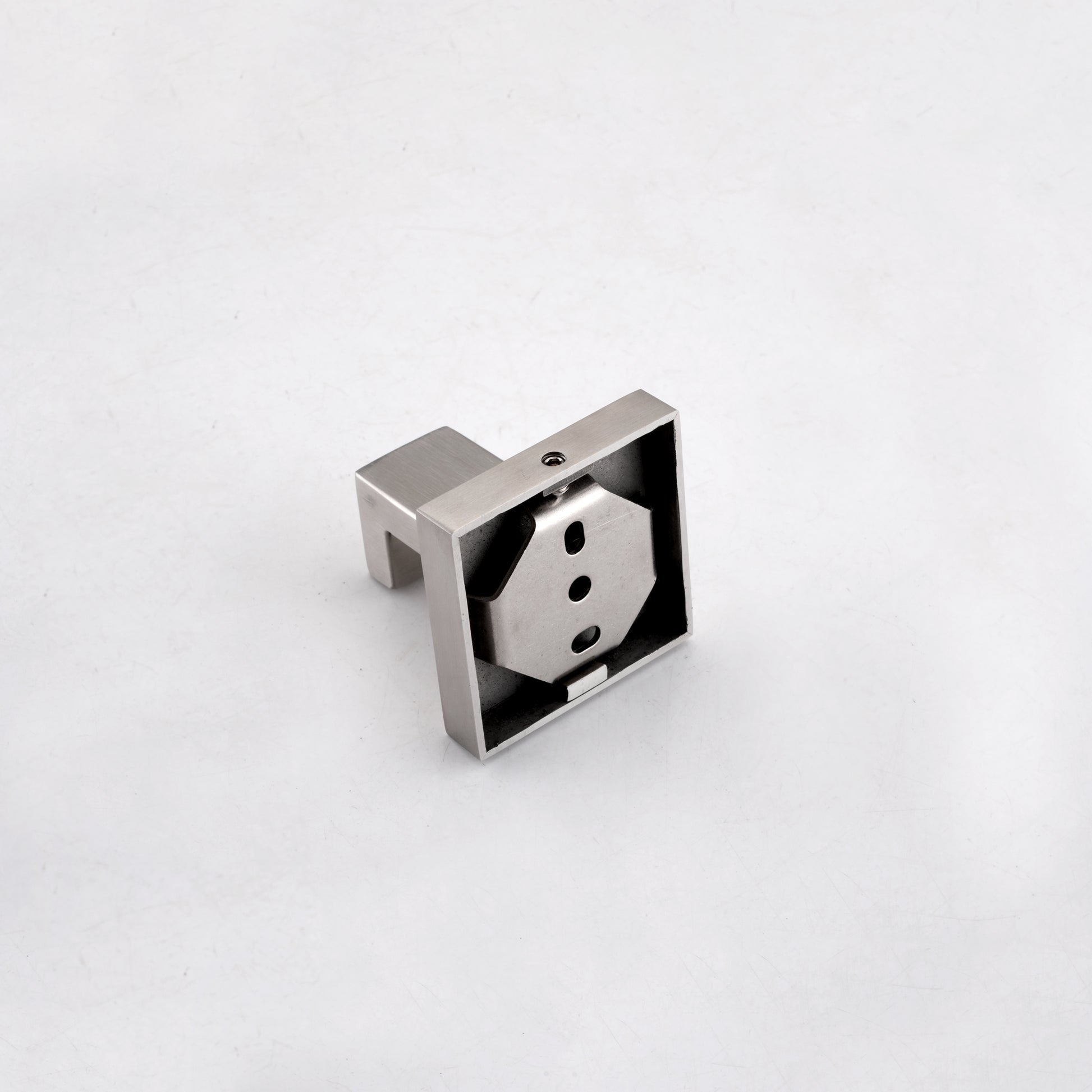 Brushed nickel bathroom hook with a minimalist square base and single hook