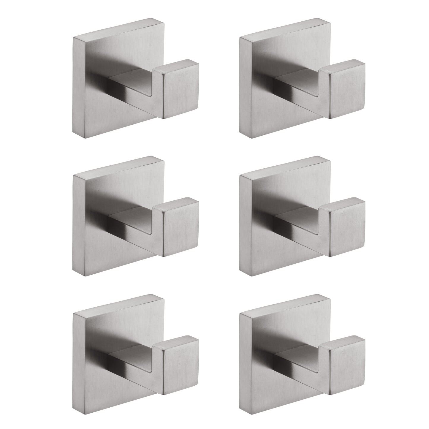 Set of six brushed nickel square wall hooks ideal for bathroom organization