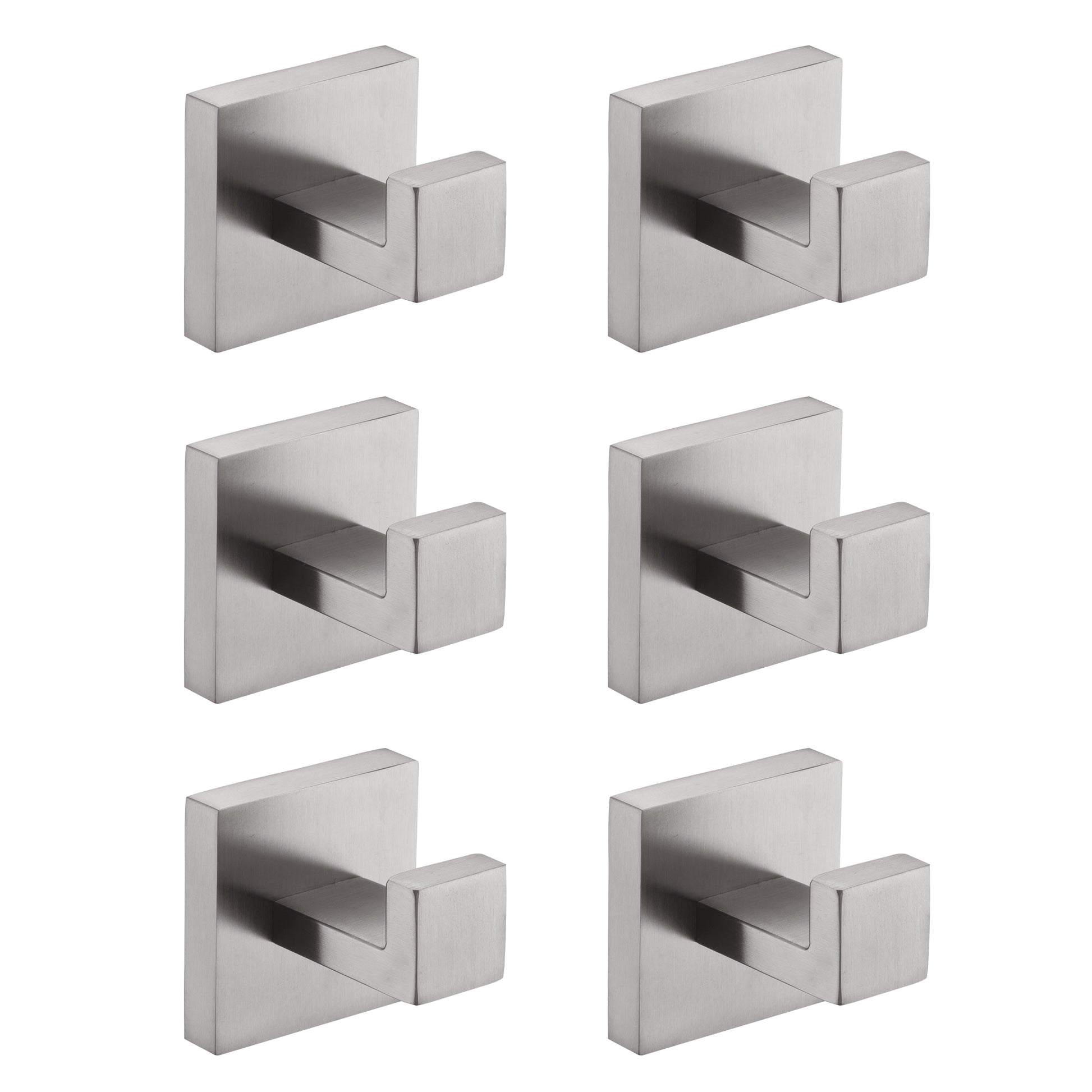 Set of six brushed nickel square wall hooks ideal for bathroom organization