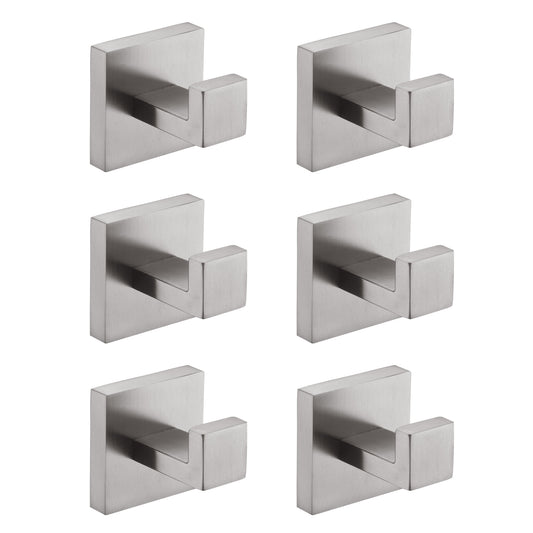 Set of six brushed nickel square wall hooks ideal for bathroom organization