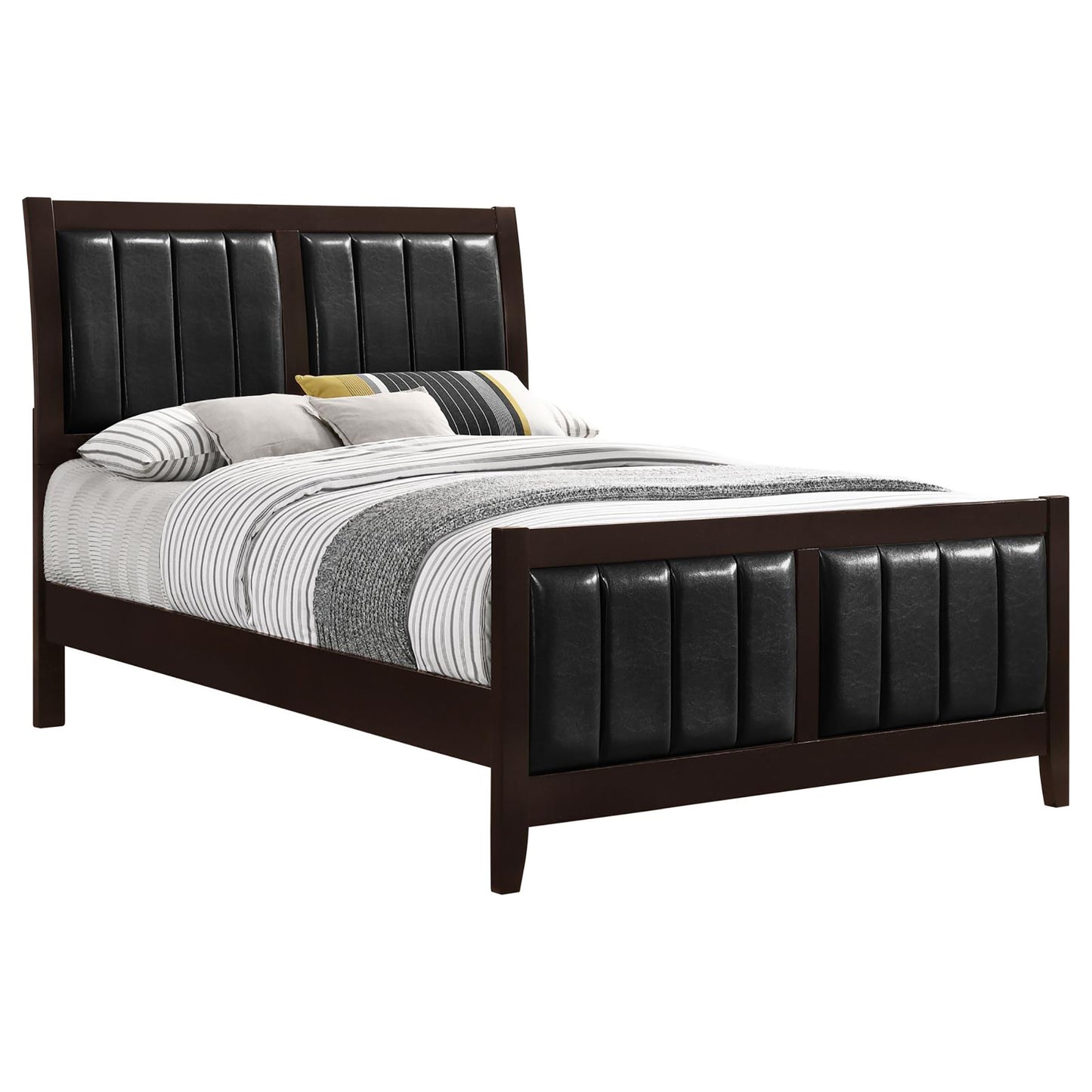 Dark brown wooden bed frame with black tufted leather headboard and footboard