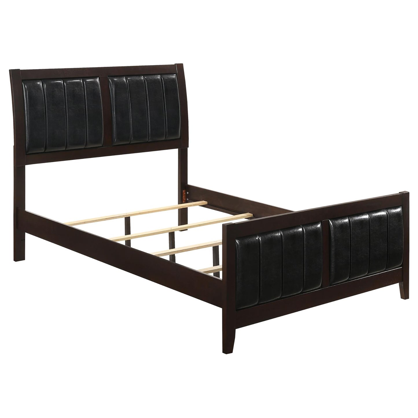 Dark wood queen bed frame with black faux leather tufted headboard and footboard