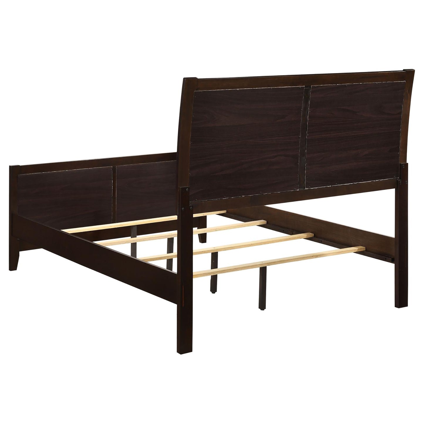 Dark brown wooden platform bed frame with a modern paneled headboard
