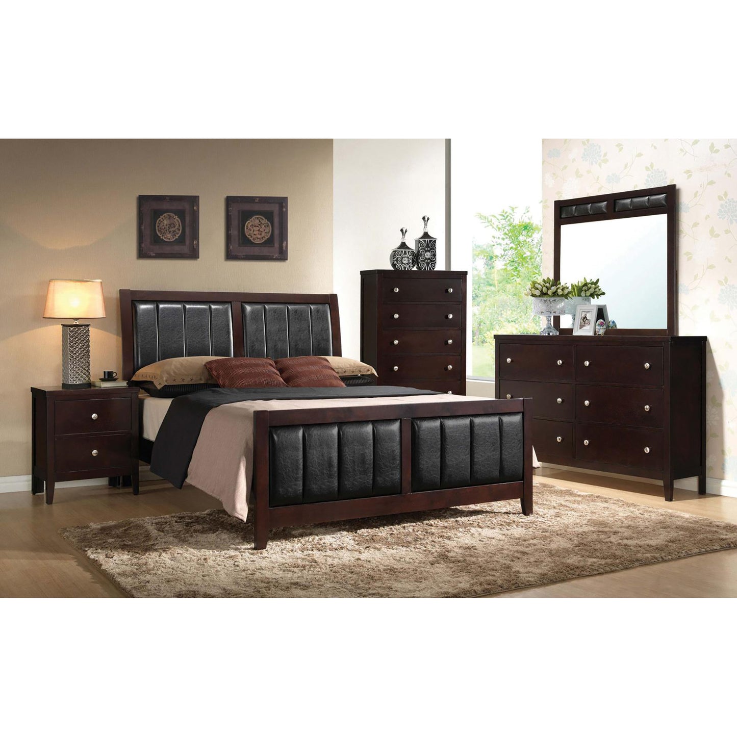 Dark wood upholstered bed frame with black faux leather headboard for a modern bedroom