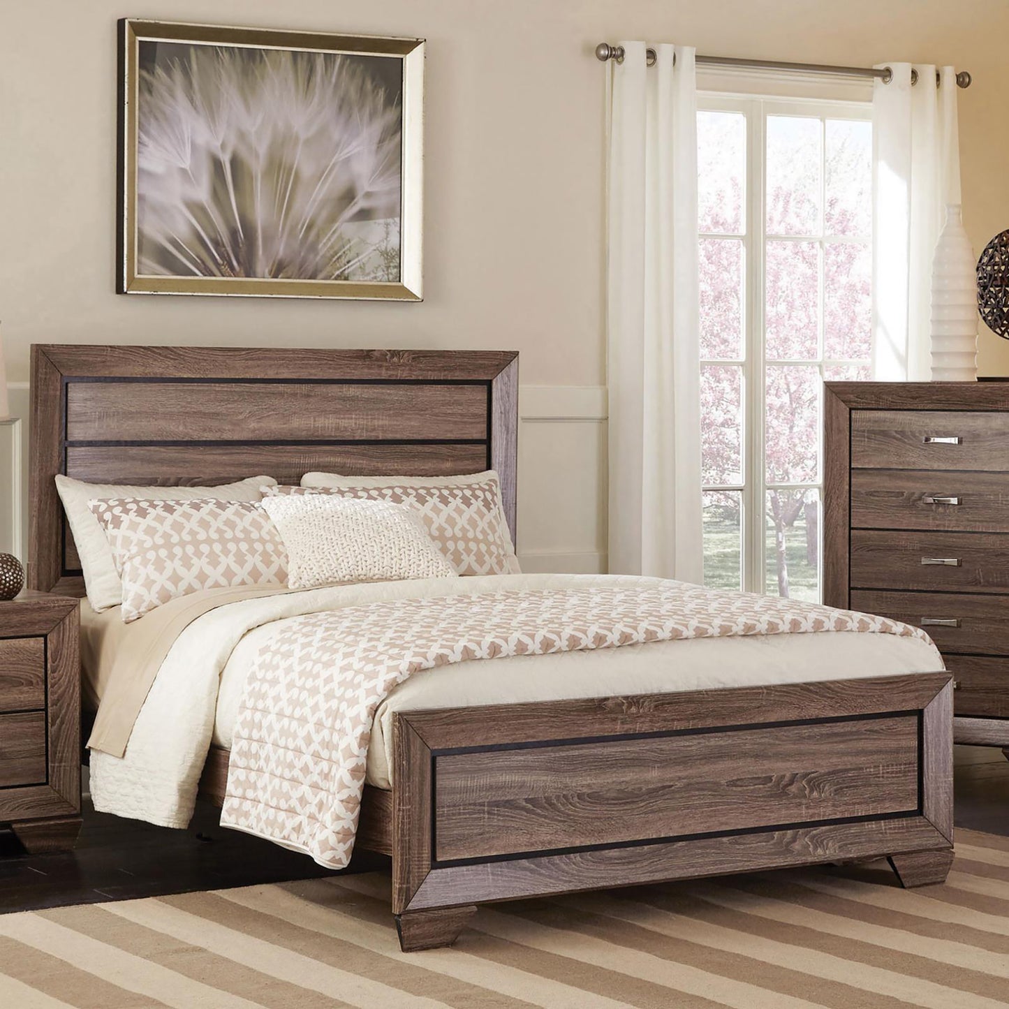 Rustic oak wood king bed frame with horizontal panel headboard and matching dresser