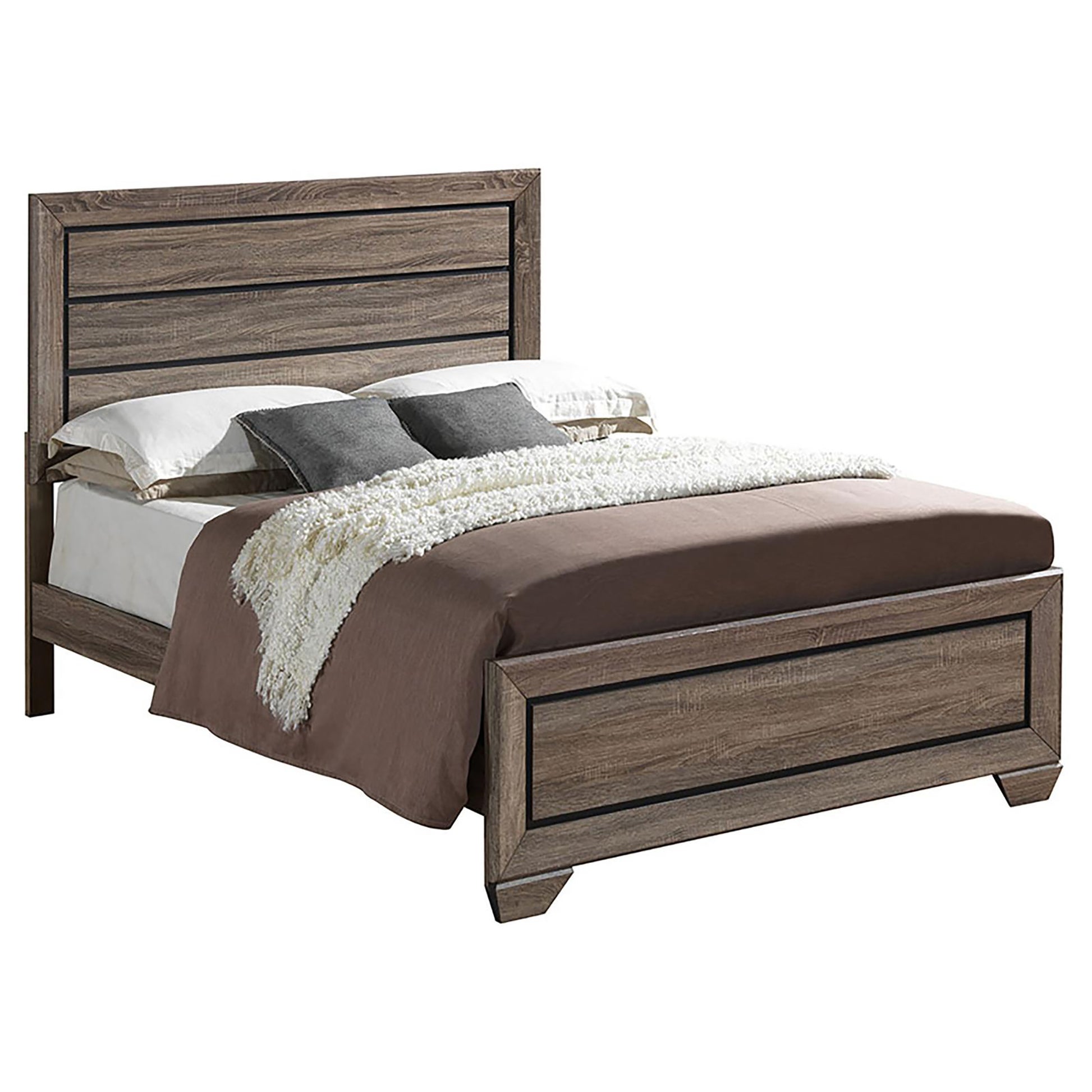 Rustic wooden bed frame with horizontal slat headboard and brown bedding