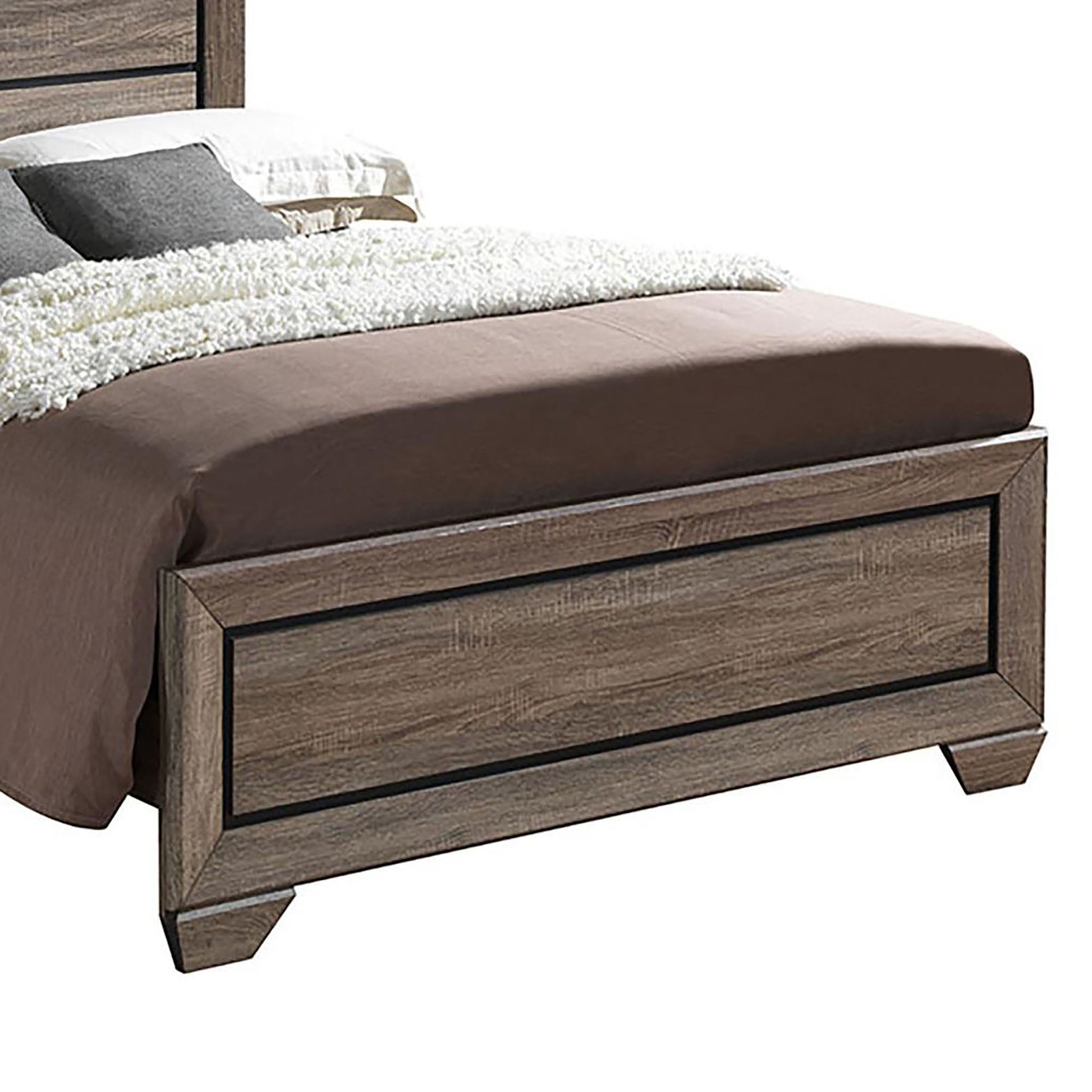 Rustic brown wood platform bed frame with modern design and white bedding
