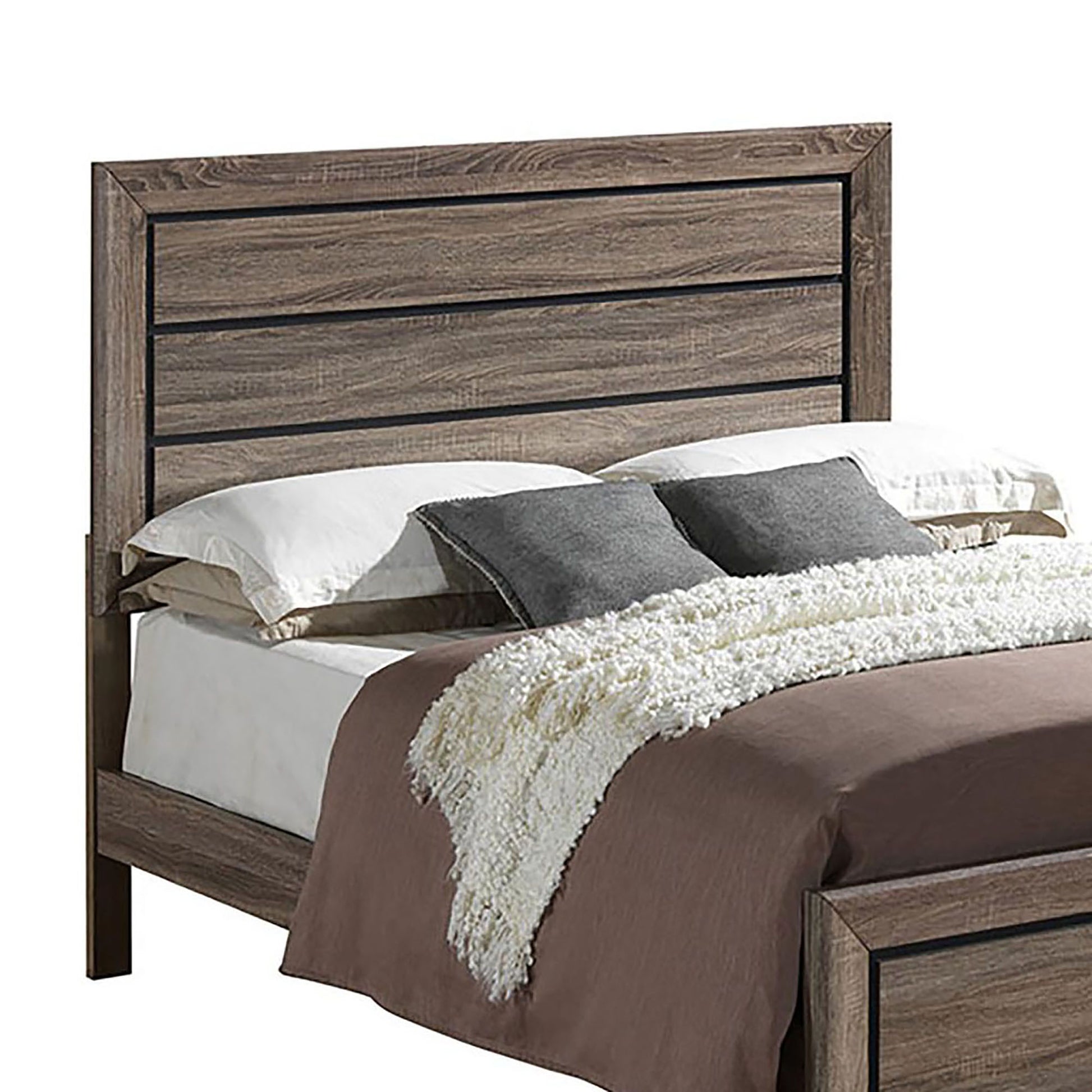 Modern wood grain headboard with black accents for a king size bed