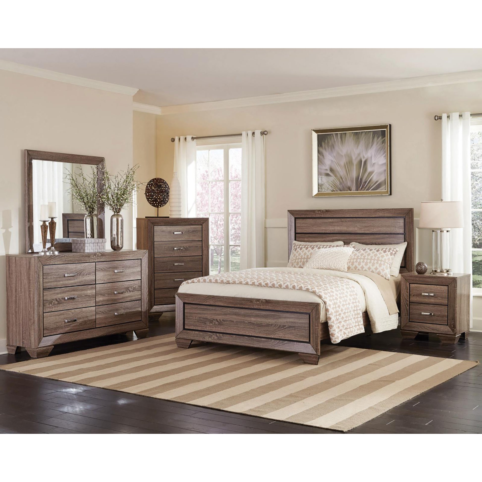 Modern rustic brown wood drawer dresser with silver handles for bedroom storage