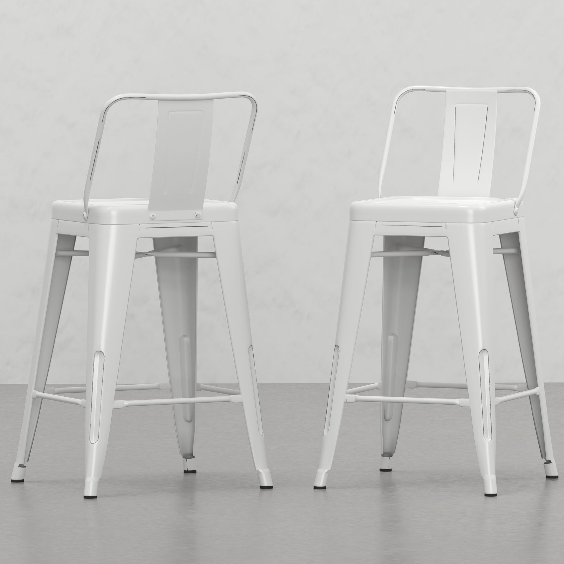 White metal bar stool with a backrest and four legs