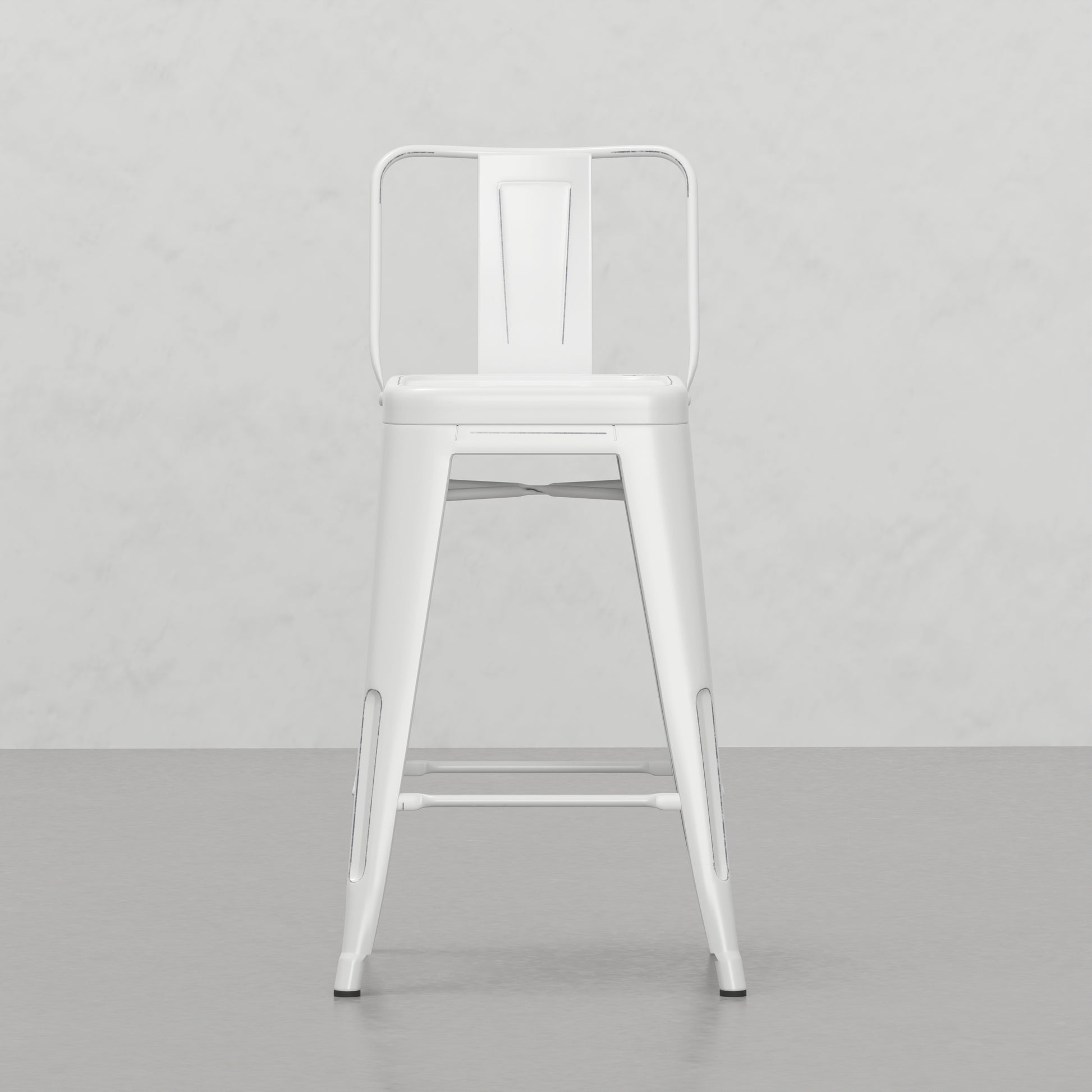 White metal bar stool with a backrest and footrest