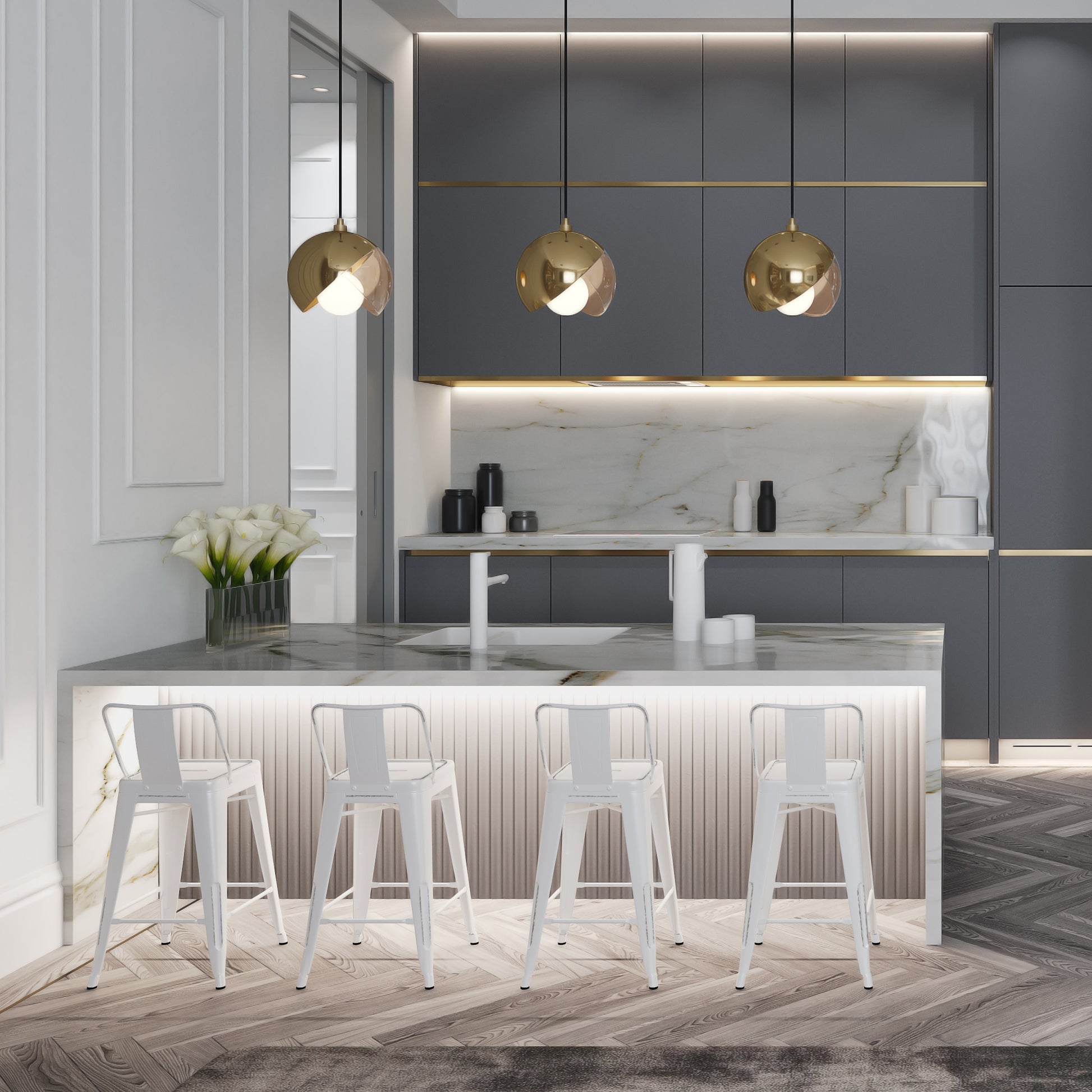 Modern white metal bar stool with distressed finish